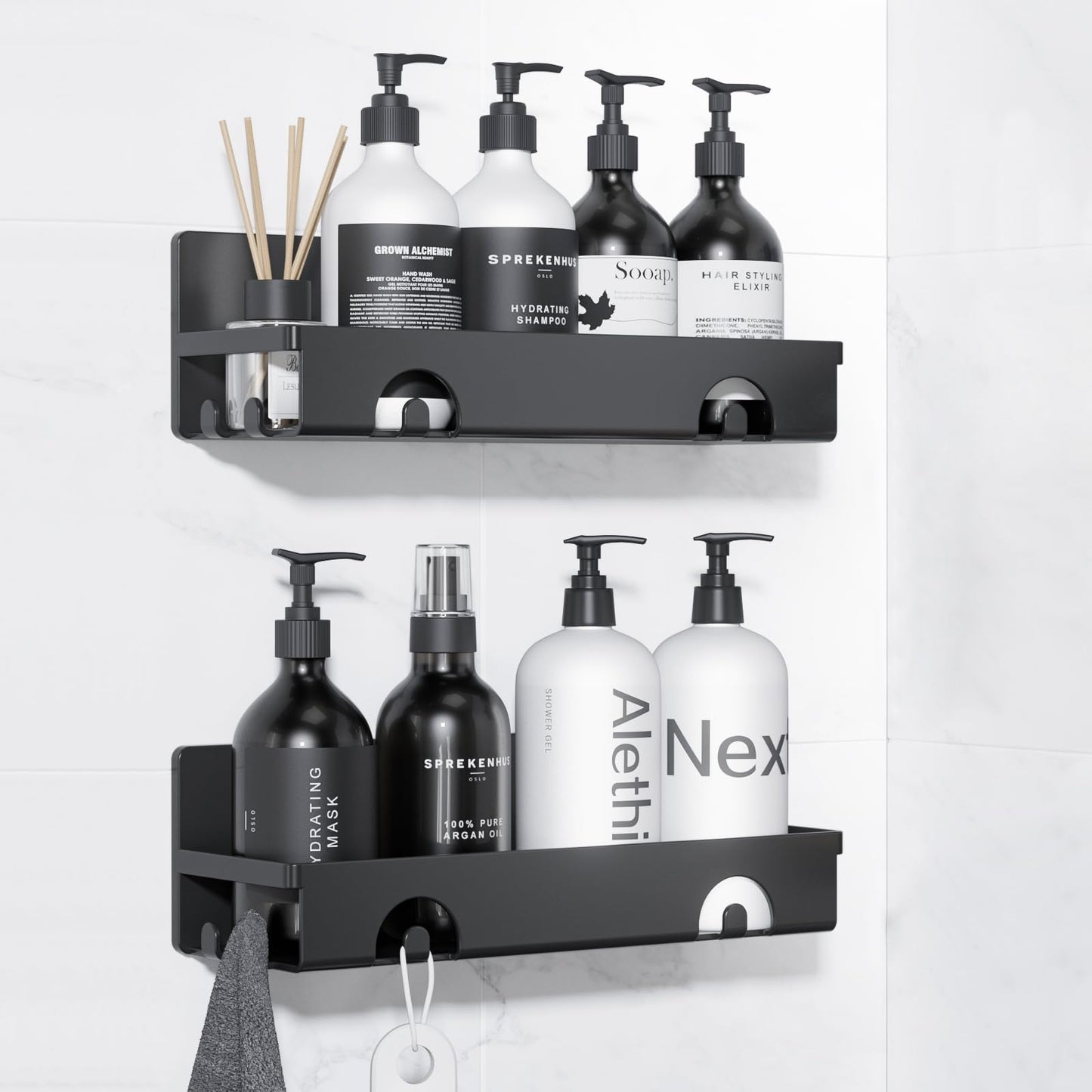 CHARYJOD Shower Caddy 2 Packs, Adhesive Shower Shelf Bathroom Shelf No Drill, Bathroom Shower Storage Rack with Hooks, Bathroom Kitchen Organiser