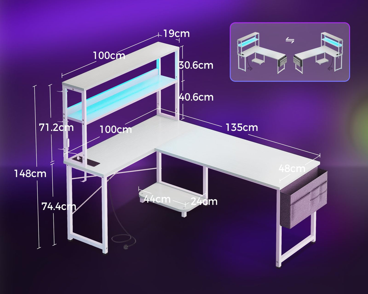 Coleshome L Shaped Gaming Desk with LED Lights & Power Outlet, White