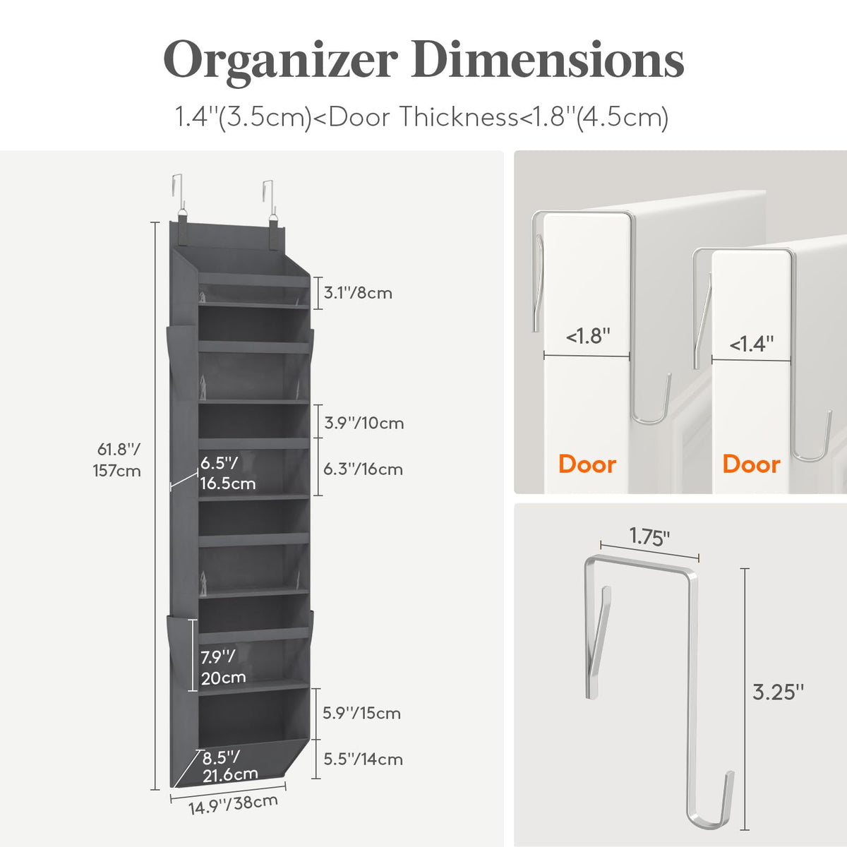 Lifewit Over the Door Storage, Clear Hanging Organiser with 4 Side Pockets, Anti Tilt 40 lbs Load Behind Door for Dorm, University Essentials, Room