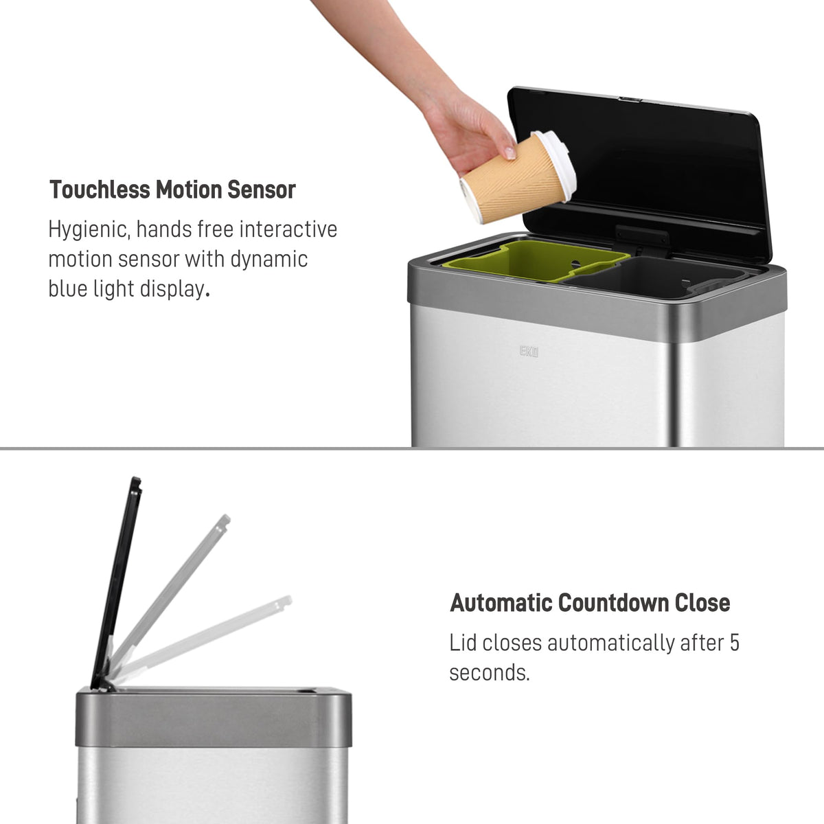 EKO Mirage X Recycling Sensor Kitchen Bin - Sleek & Hygienic Touch-free Dual Compartment Rubbish Bin, Perfect for Kitchen & Home, Stainless Steel, 40