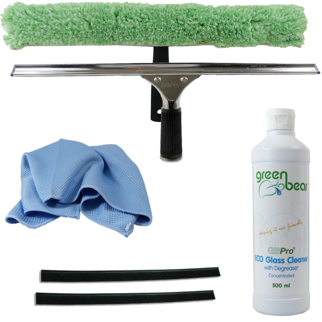 GBPro Professional Window Squeegee Stainless Steel Wiper 45cm/18 inches + T Bar & Micro Wash Sleeve, Concentrated Eco Glass Cleaner 500ml, Fishscale