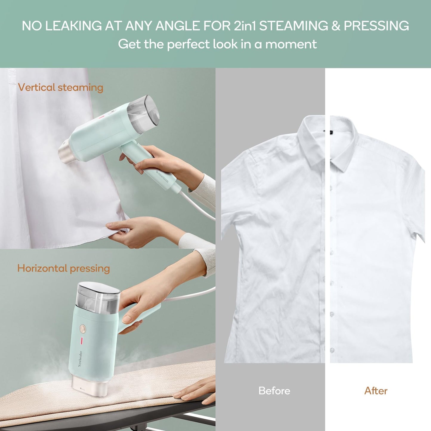 Newbealer Clothes Steamer, Portable Handheld Steamer for Clothes, 20s Fast Heat Up, 1200W 180ml Detachable Water Tank, Horizontal & Vertical Steaming
