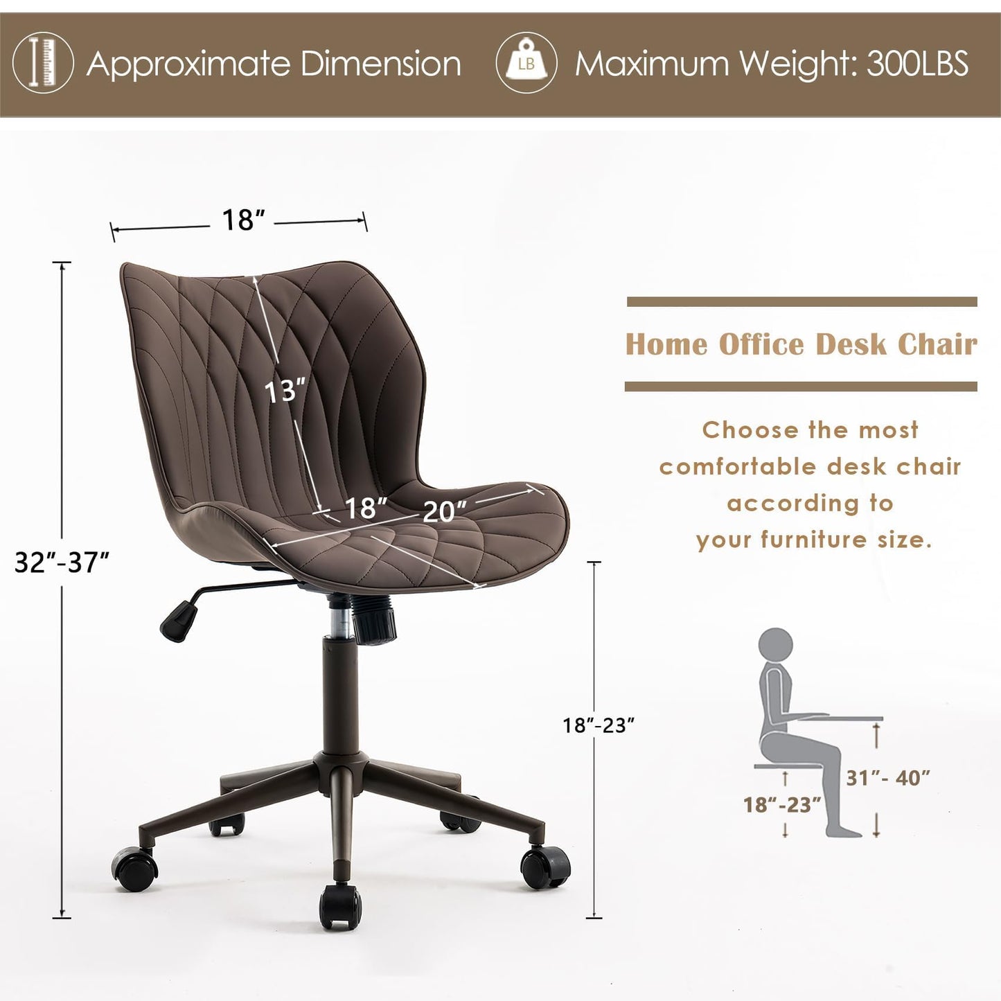 YOUNUOKE Desk Chair Adjustable Home Office Chair with Wheels, Brown
