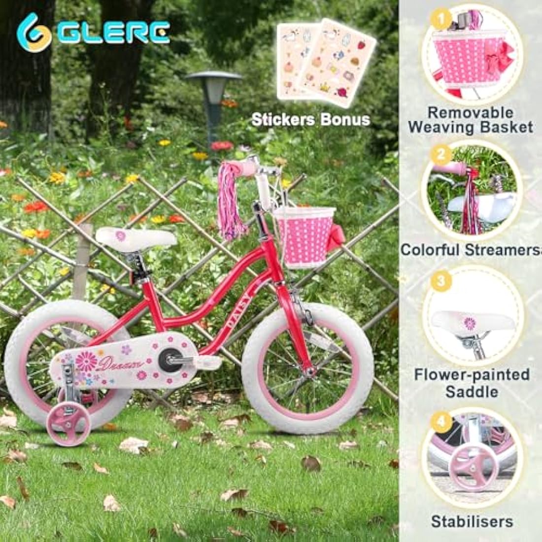 Glerc Daisy 12  Inch Girls Bike for 2-7 Years Kids with Stabilisers Basket Streamers and Bell,Multiple Colors