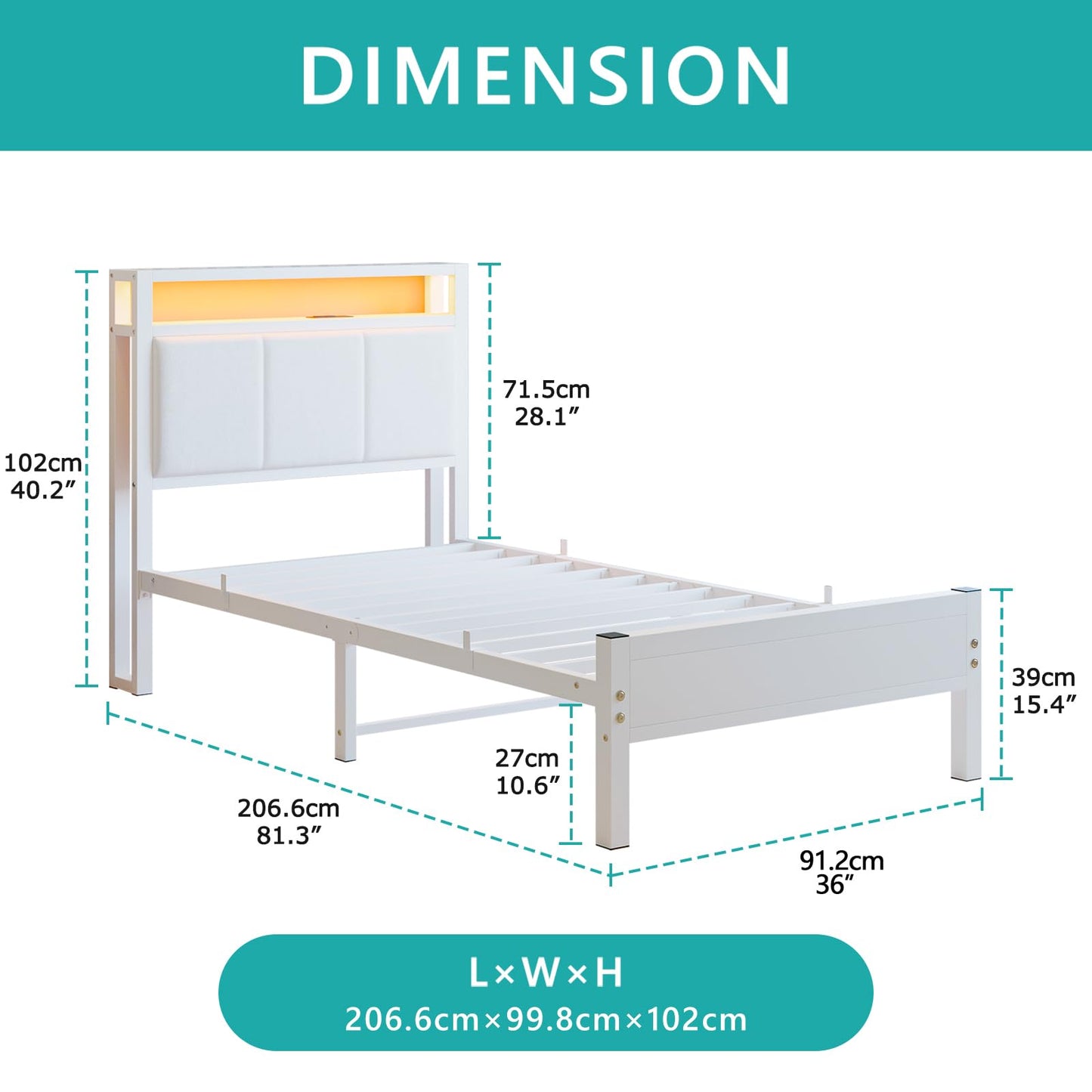 FOUBAM 3FT Single Bed Frame with Storage Headboard, White