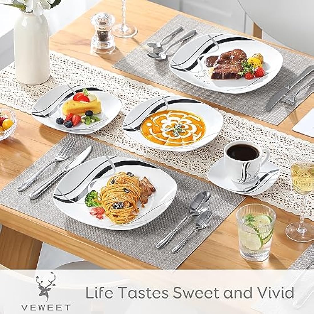 VEWEET 'Fiona' 30-Piece Dinner Set Ivory White Black Lines Porcelain China Ceramic Combination Sets with Dessert Plates/Soup Plates/Dinner Plates/Cups/Saucers, Service for 6