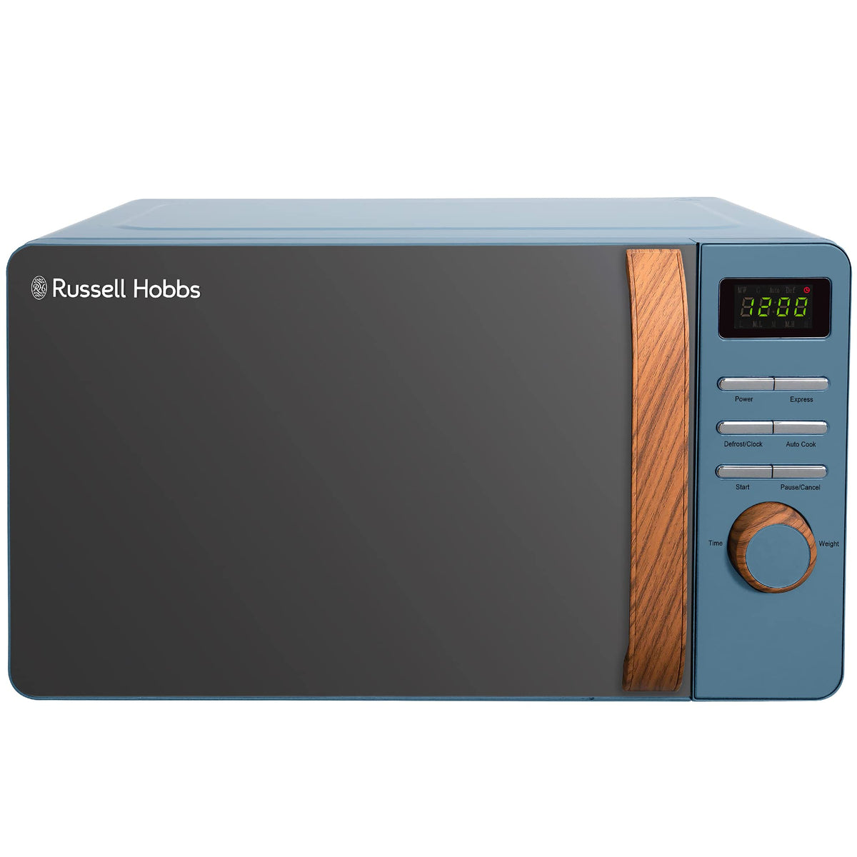 Russell Hobbs RHMD714BL 17 L 700 W Scandi Blue Digital Microwave with 5 Power Levels, Wood Effect Handle and Dials, Clock and Timer, Automatic