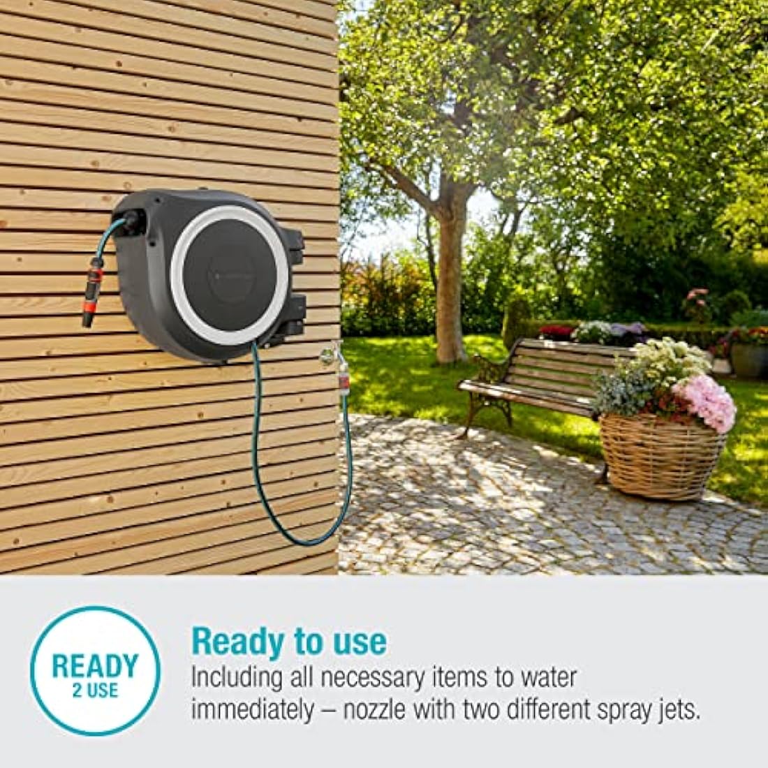 Gardena Wall-Mounted Hose Box Rollup L (White) 30 m: Versatile Watering System for Large Gardens, Swivel Hose Box, Including 30 m Gardena Hose and mounting kit (18627-20)