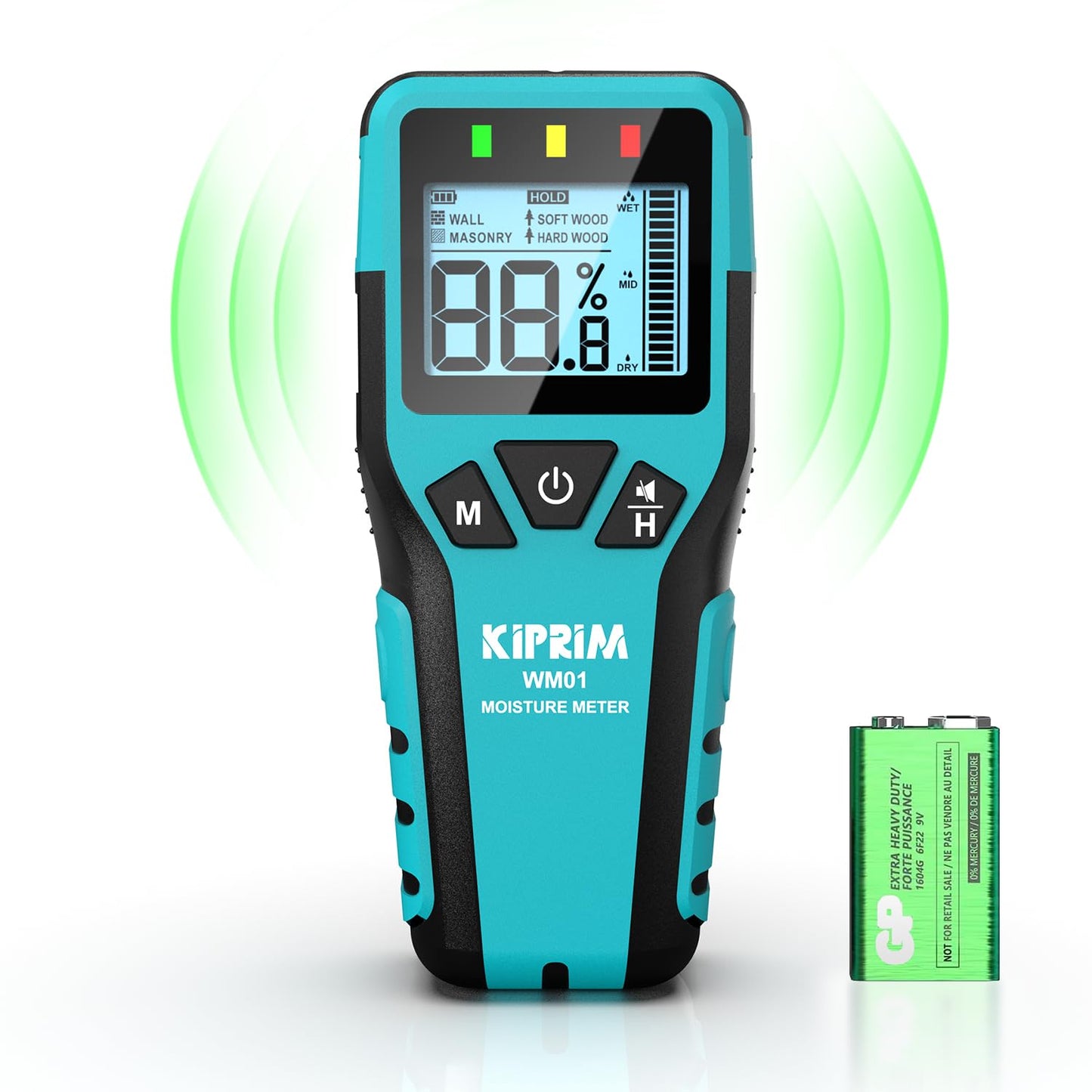 Kiprim Pinless Damp Meter Moisture Meter for Wood, Walls, Masonry ? Accurate Non-Destructive Testing with Audible and Visual Alarm,4 Modes, Data Hold,