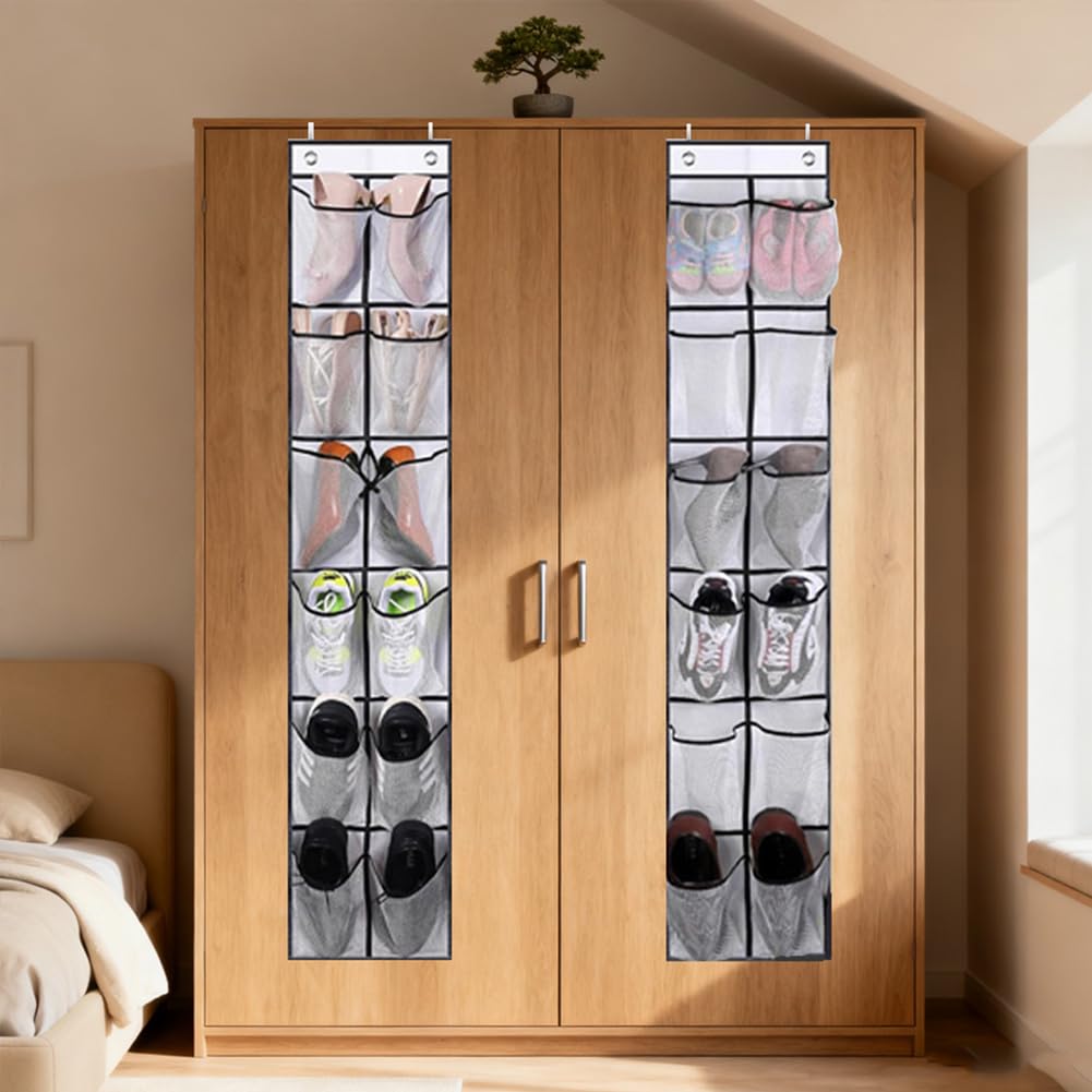 Nolvireth Hanging Shoe Storage, Over Door Shoe Storage Organizer, 12 Mesh Pockets, 2 Metal Hooks, Space Saving Shoe Holder