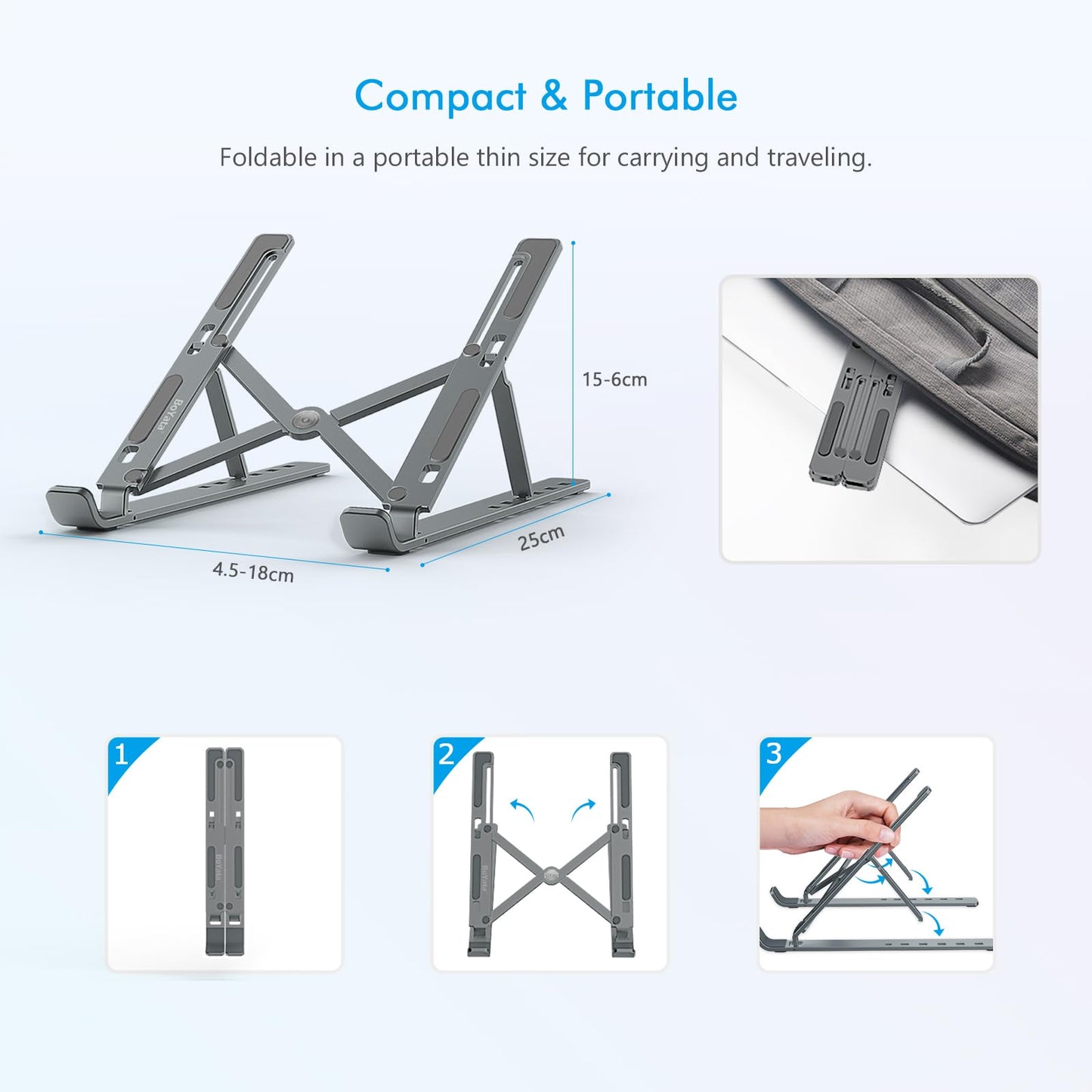 BoYata Laptop Stand, 6-Level Height Adjustable Portable Laptop Riser, Grey