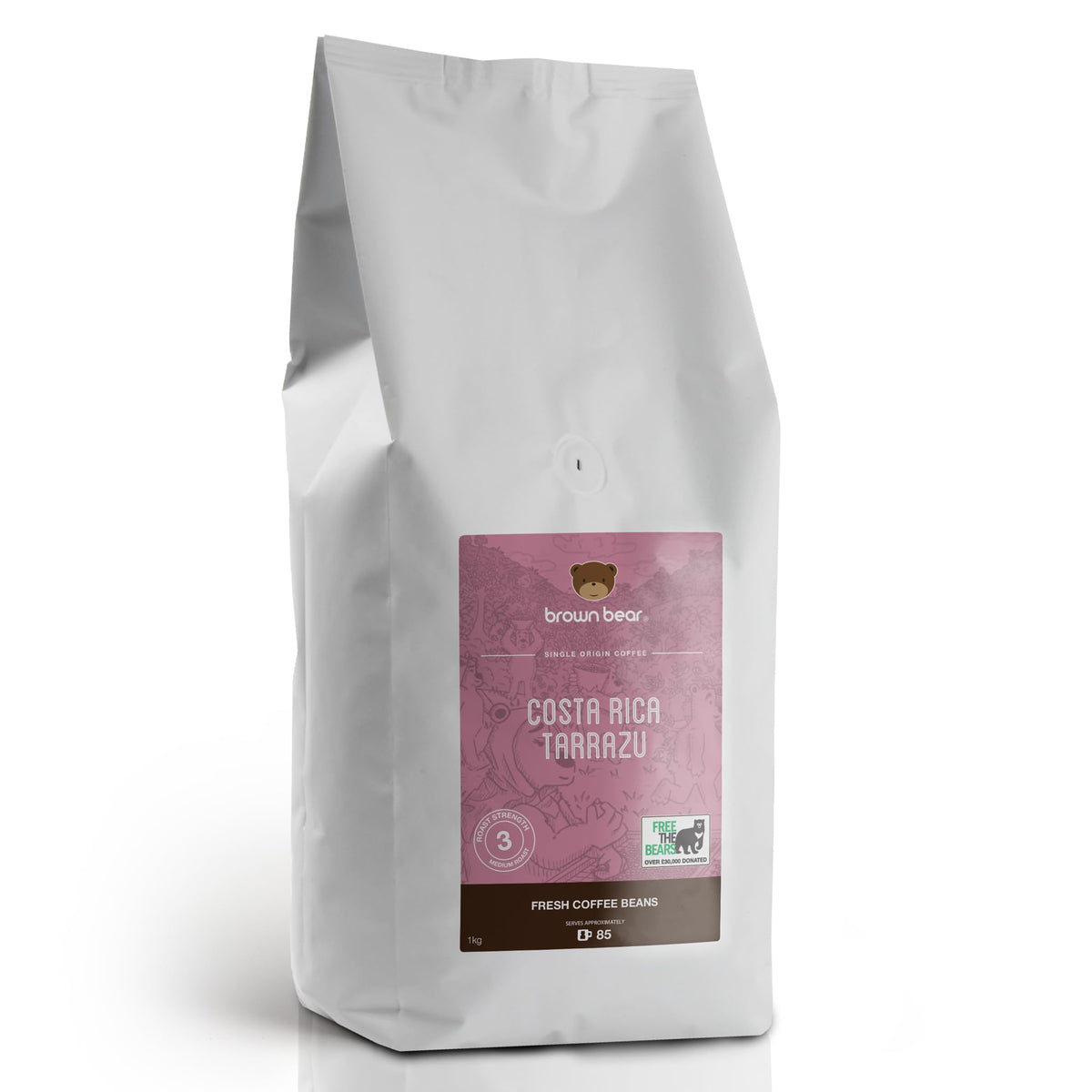 Costa Rican Medium Roast Coffee Beans 1kg ? Brown Bear Costa Rica Tarrazu ? Strength 3 - For All Coffee Machines ? 100% Arabica ? Donation to Free The