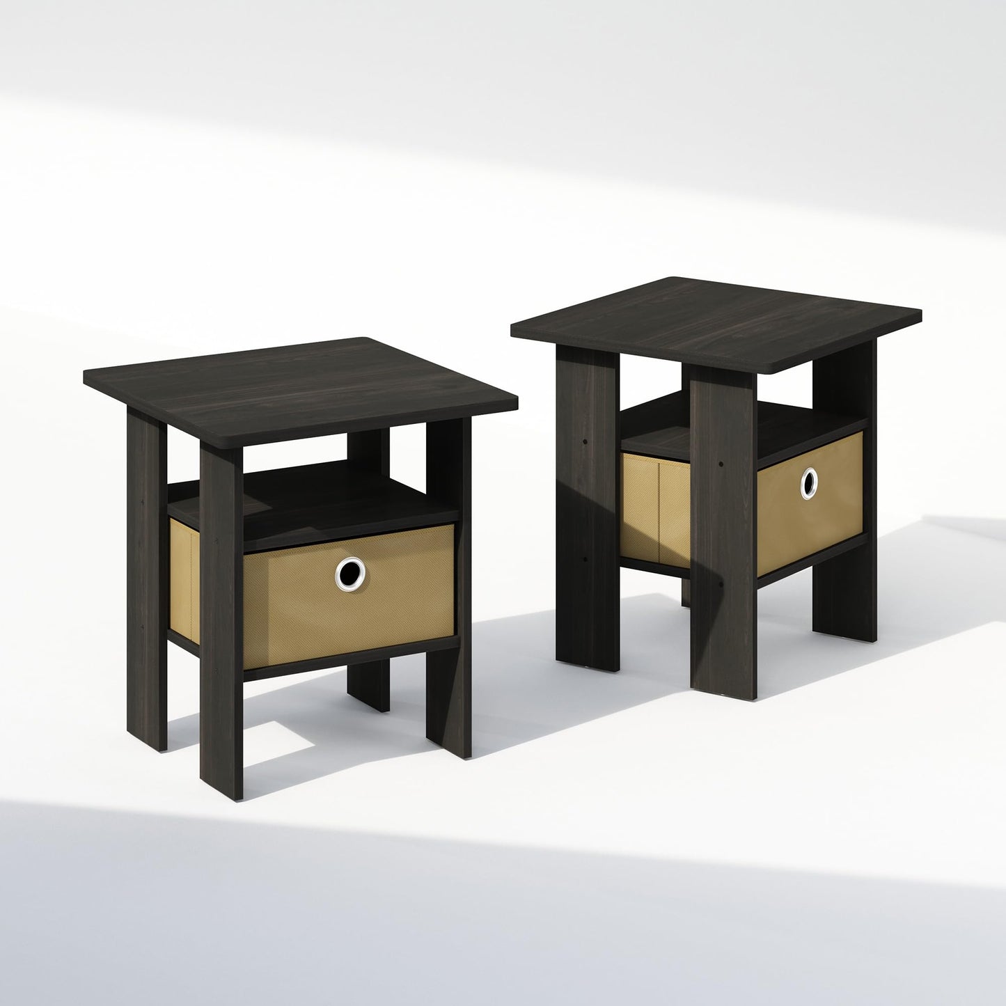 Furinno TIDUR Set of 2, Bedside Table with Storage Bin, Espresso