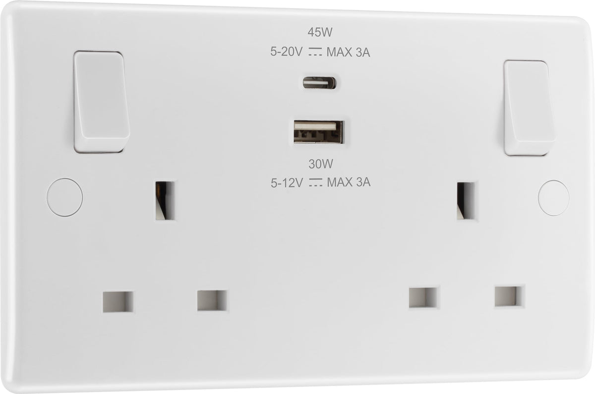 BG Electrical 45W Double Switched Power Wall Plug Socket with Super Fast Charge Type A & C USB Charging Ports, Round Edge, Nexus 800 Series, White