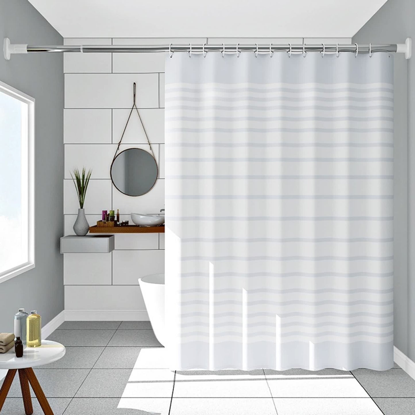 Shower Curtain White, Shower Curtain 300 x 200 XXL Peva Striped White Anti Mould Shower Blind Washable for Home Dorm Rooms