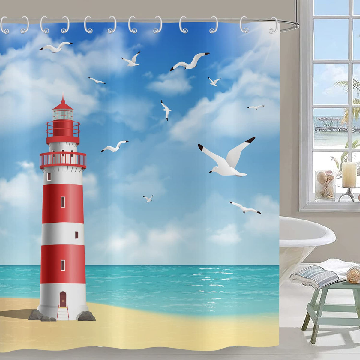 Hnmdmyi Lighthouse Shower Curtain 120x180, Ocean Beach Seagull Blue Sky White Clouds Scenery Bathroom Curtains with Hooks Waterproof Polyester Fabric