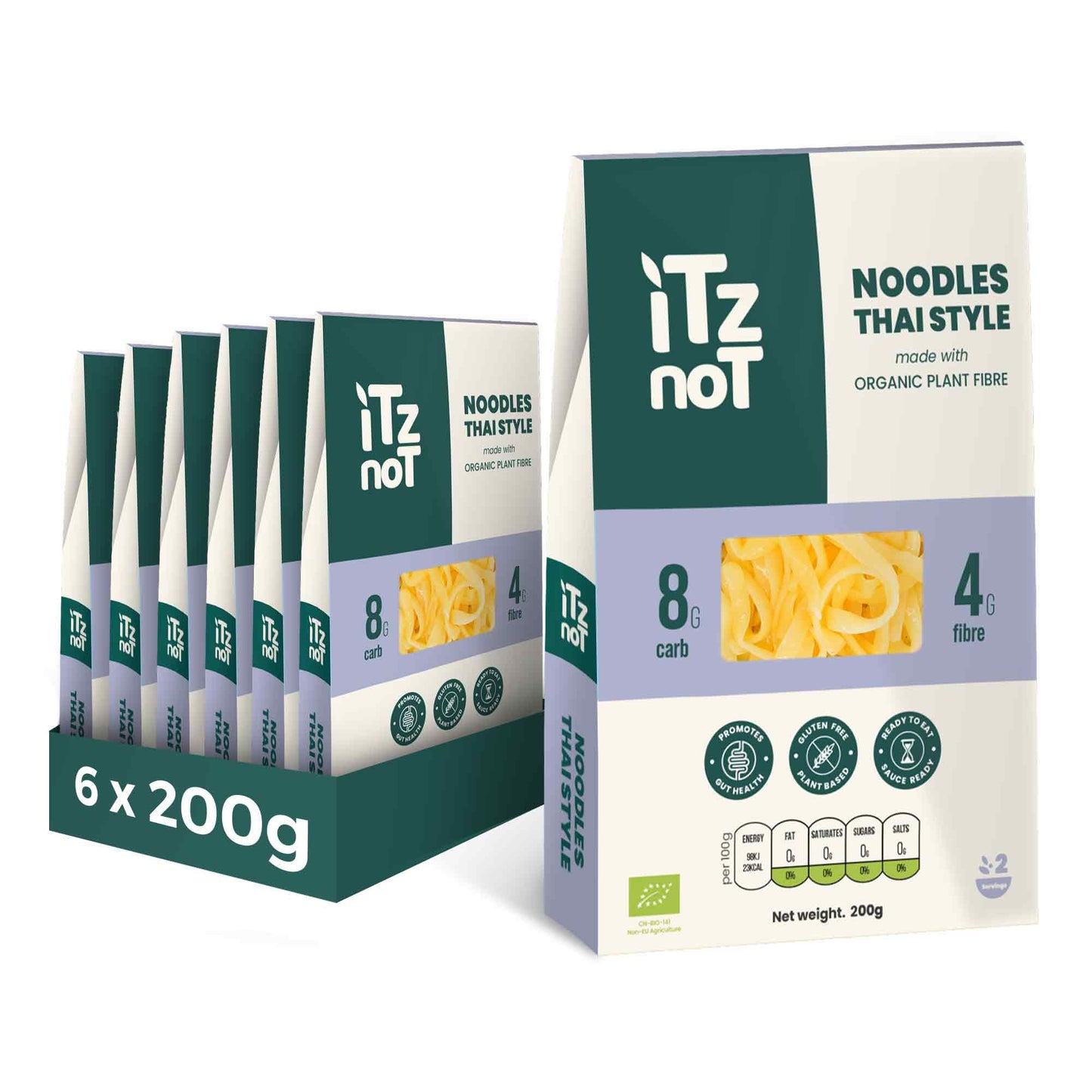 iTz noT jusT Thai Style (Pack of 6, 200g Each) Ready Cooked, Shirataki, Moyu, Konjac Plant Fibre Pasta, Low Carb, & No Added Preservatives, Healthy,
