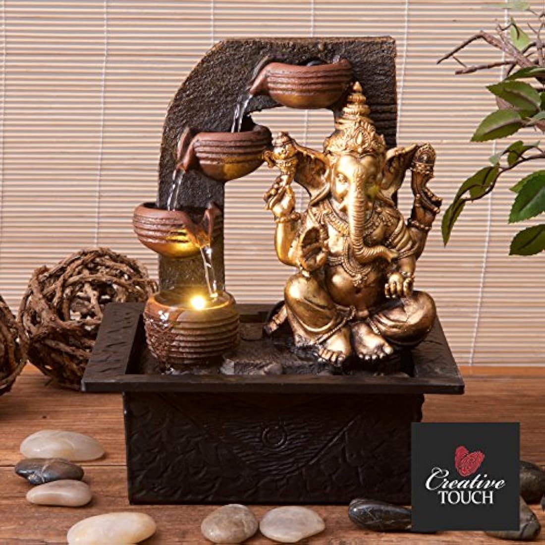 Ganesha with Water Cups Indoor Water Fountain with LED Light | Size 21*17.5*25 Cm | USB adaptor Included
