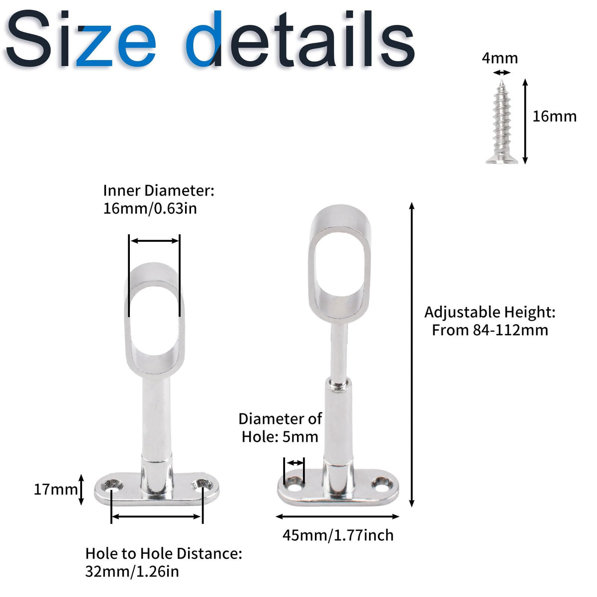 INCREWAY 4pcs Silver Closet Rod Support, Aluminum Alloy Oval Wardrobe Rod End, Adjustable Hollow Rod Bracket for Cabinet Bedroom Bathroom