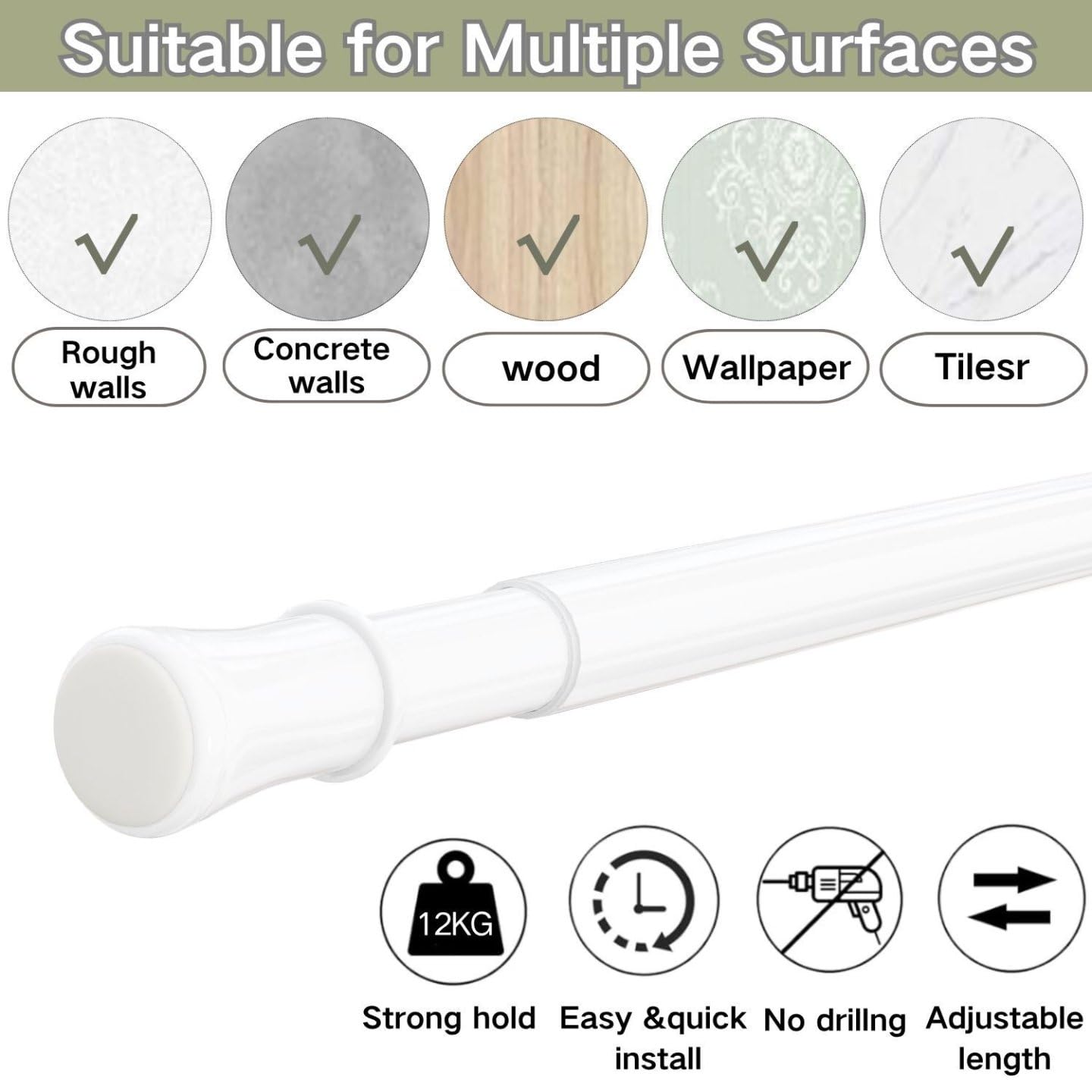 Extendable Shower Curtain Pole Non-Slip Shower Curtain Rod Tension Rod Adjustable Telescopic Curtain Poles No Drilling Shower Curtain Rail for