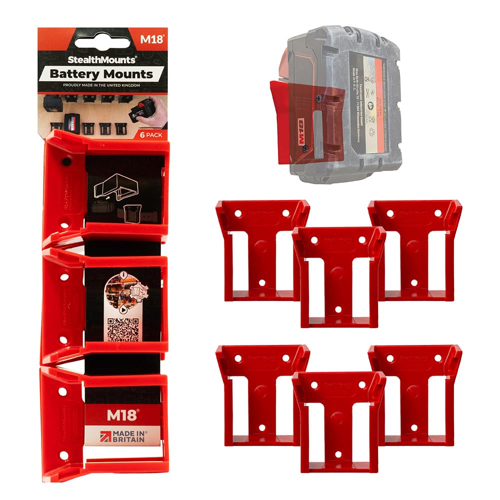 StealthMounts Battery Mounts Compatible with Milwaukee M18 ? 6 Pack Red Wall & Bench Holders for Power Tool Batteries | ABS Storage Brackets for