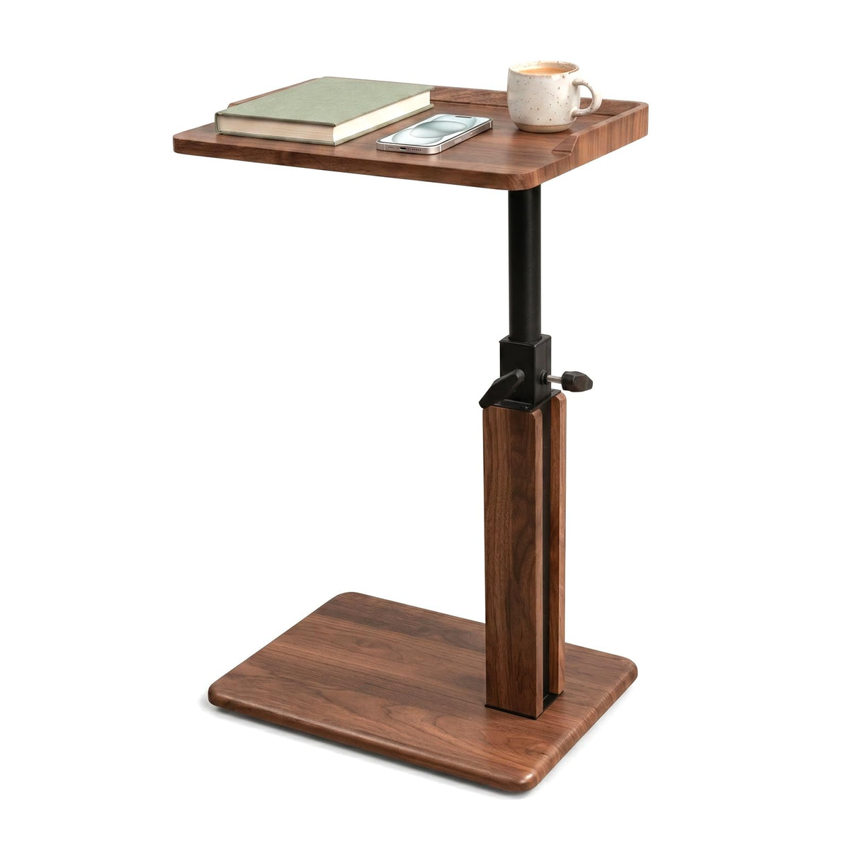 Bingyouth C Shaped Side Table for Sofa, Height Adjustable 45-80 cm Walnut Sofa Table with Raised Tray Edges, End Table for Living Room