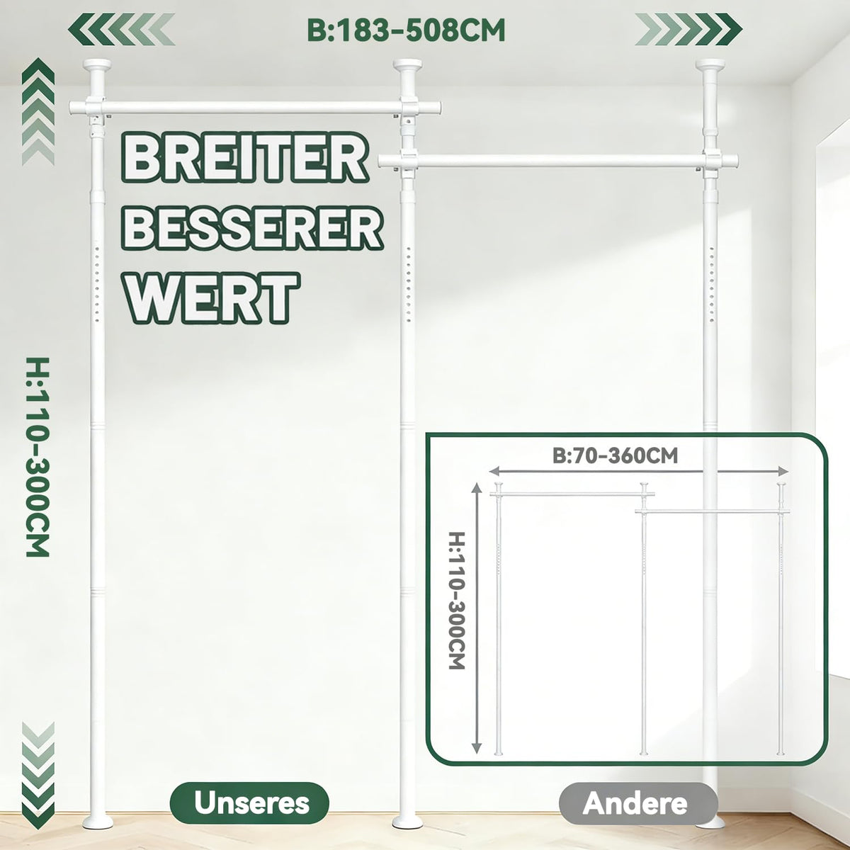 JILRON Room Divider, Tension Rod, No Drilling, for Balcony, Privacy Screen and Changing Room, Adjustable (H110-300 x W183-508 cm), Easy to Install