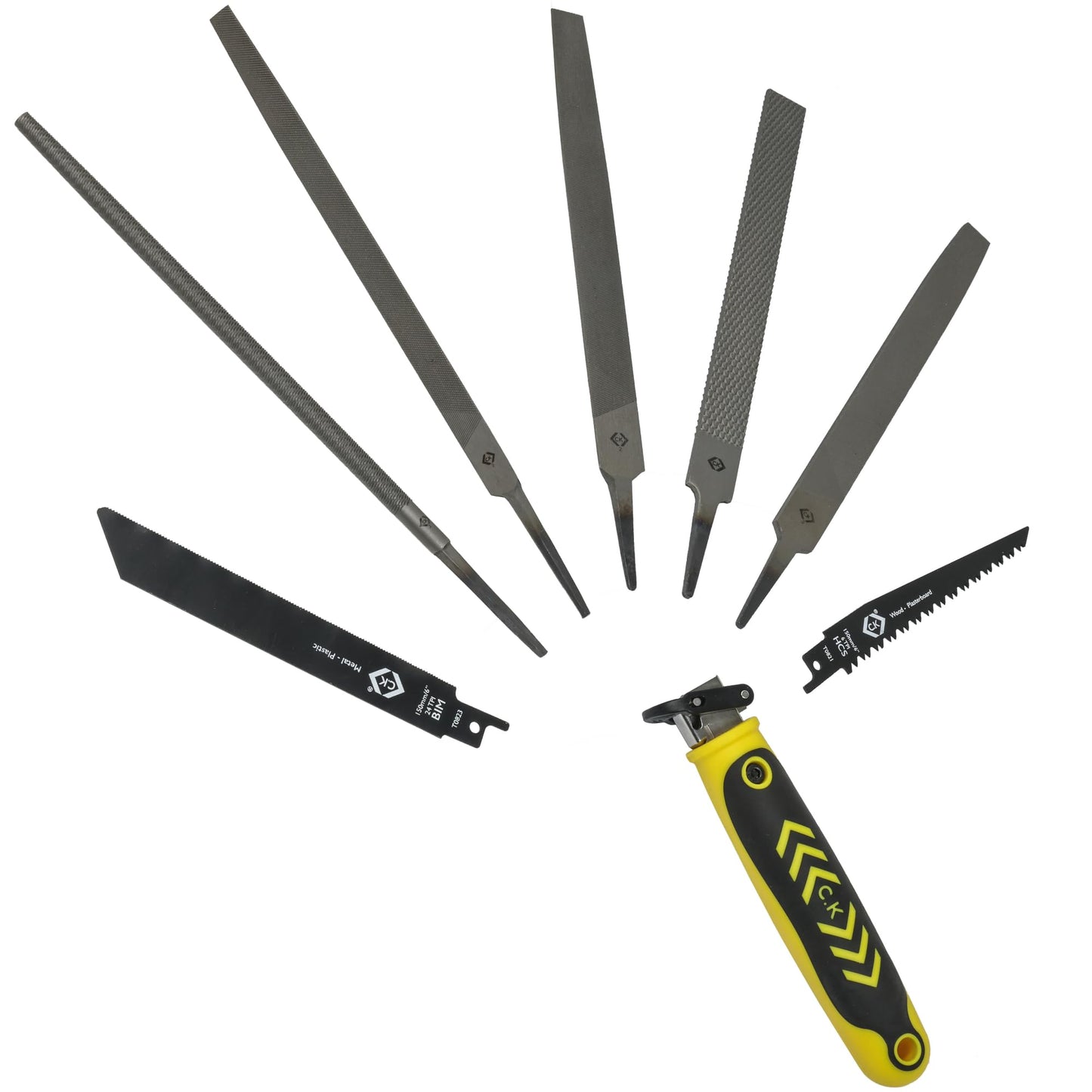 C.K Tools Multi File & Saw 8pc Kit, Universal Quick Change Files & Hand Saws Set for Wood, Metal, Plasterboard & Plastic, Reciprocating Jab Sawing,