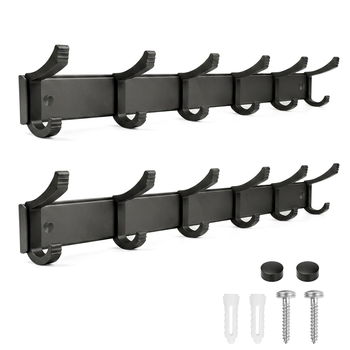 NONETO 2 Pack Coat Hooks Wall Mounted with 6 Movable Coat Rack (Black)