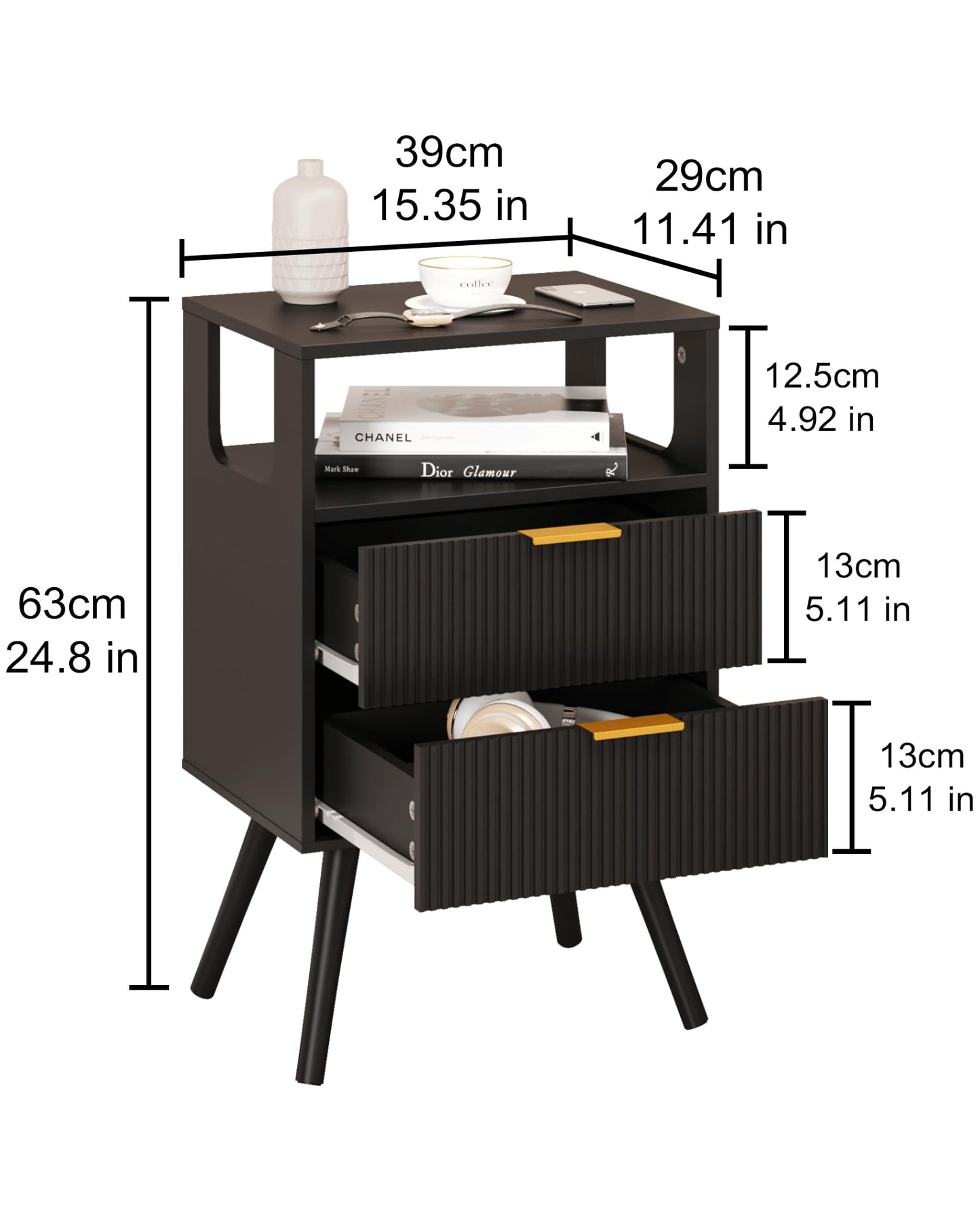 JERX Wooden Bedside Table, Nightstand with 2 Storage Drawer and Open Shelf Modern Bedside Cabinet for Bedroom,Black