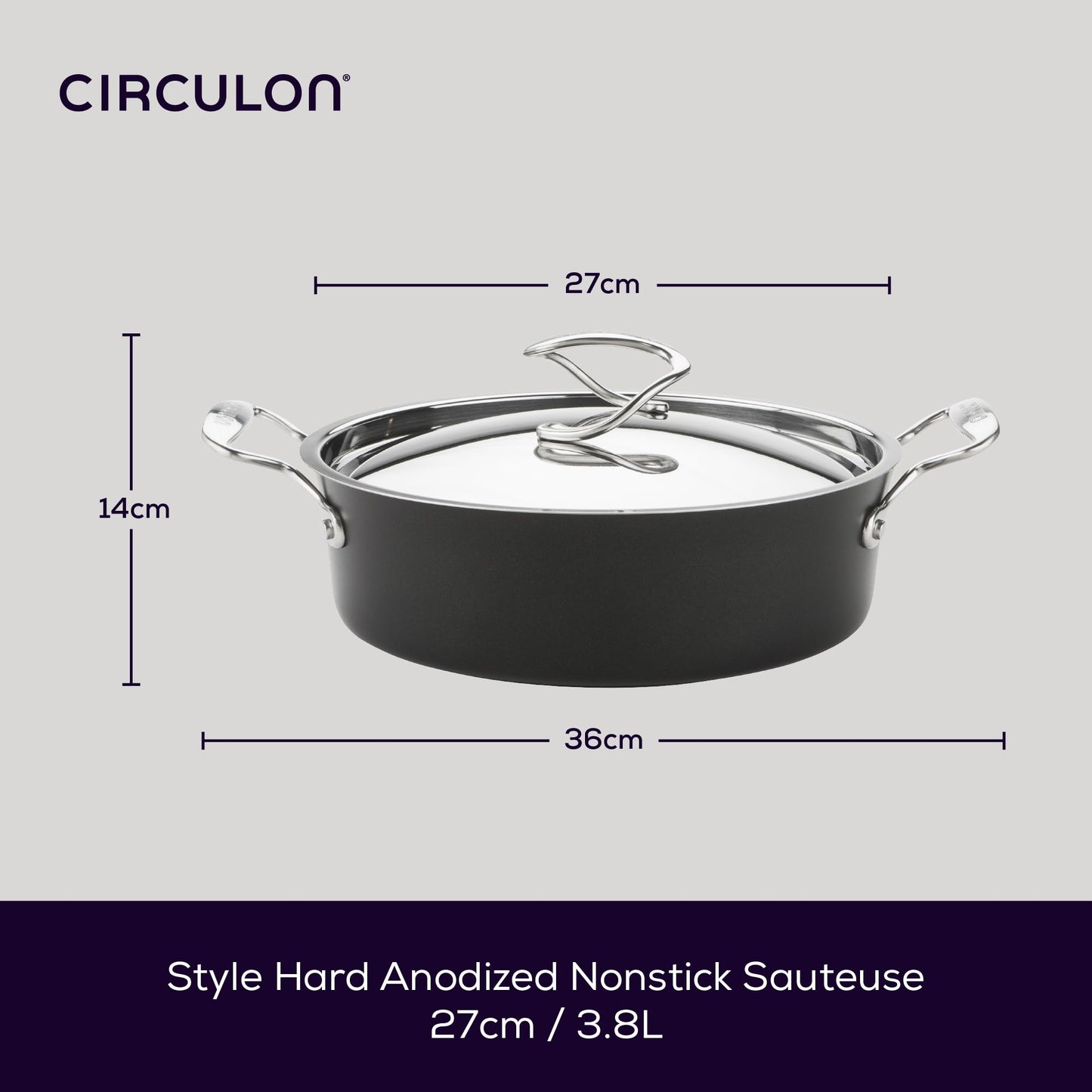 Circulon Style Hard Anodised Sauteuse, 27cm/3.8L, Black