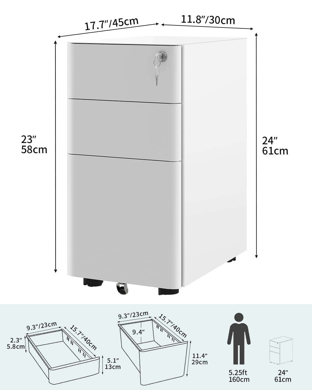 YITAHOME 3-Drawers Filing Cabinet Lockable, Home Office Mobile File Cabinets with Wheel, Under Desk File Office Cabinet for Letter/Legal/A4, Fully