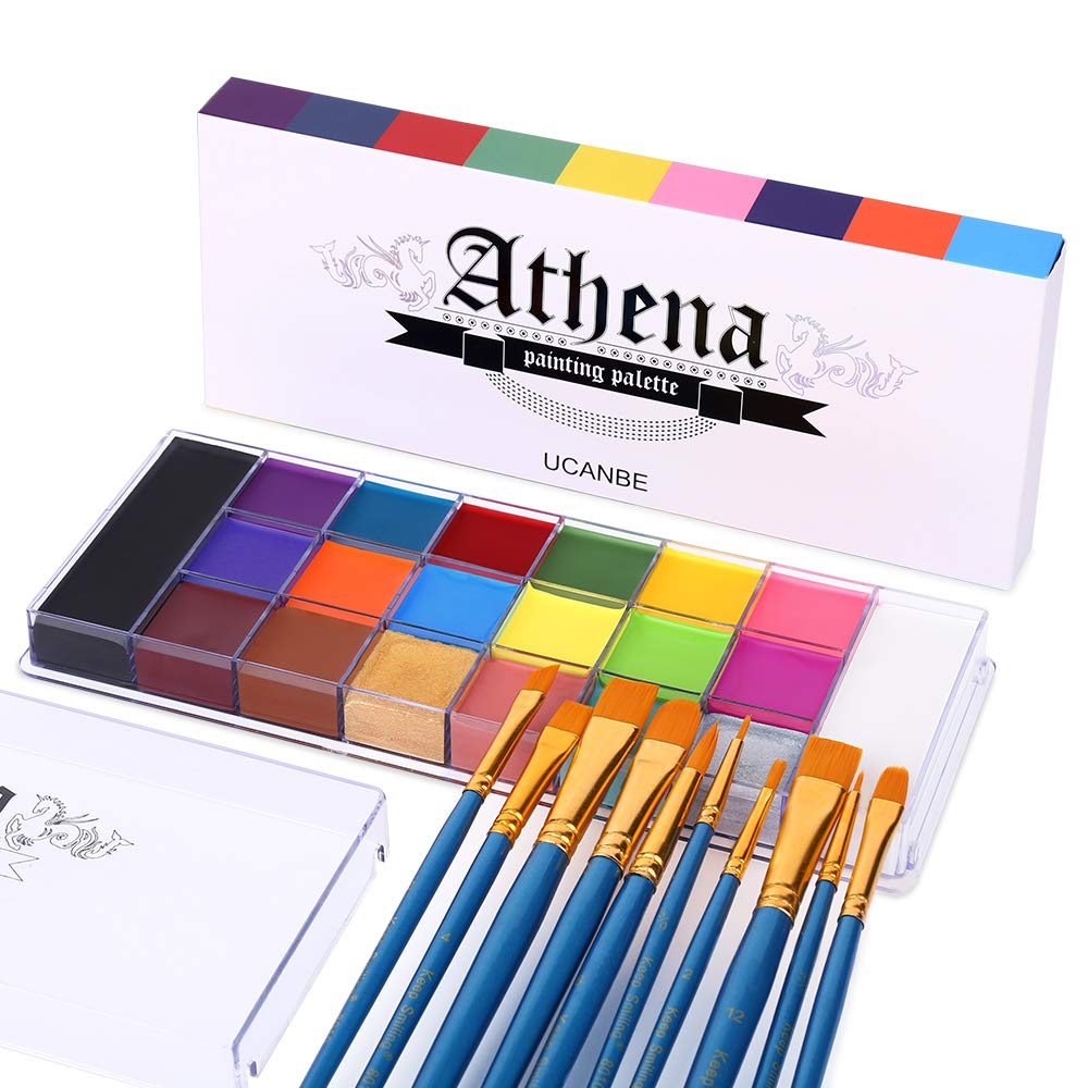 UCANBE Face Body Paint Set - Athena Painting Palette, 10 Professional Artist Brushes - Large Deep Pan,Ideal for Halloween Cosplay Party SFX Arty Stage