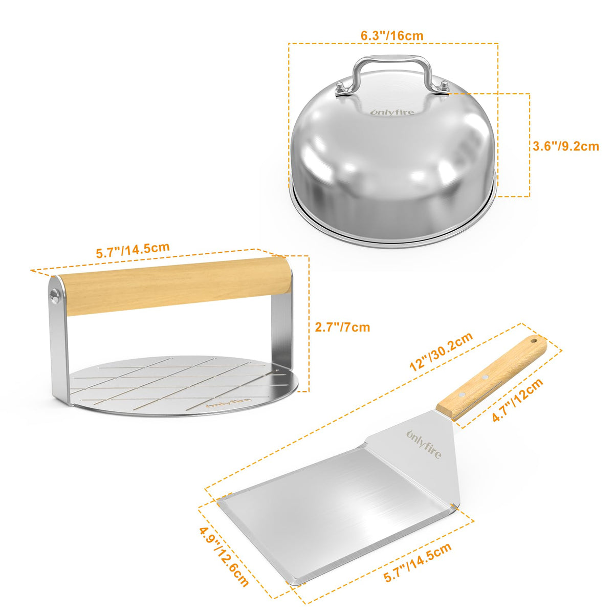 onlyfire BBQ Griddle Accessories Kit, 2 x 16cm Burger Cover Cheese Melting Dome, Round Burge Smasher and Large Spatula Turner, Grill Accessories Tools