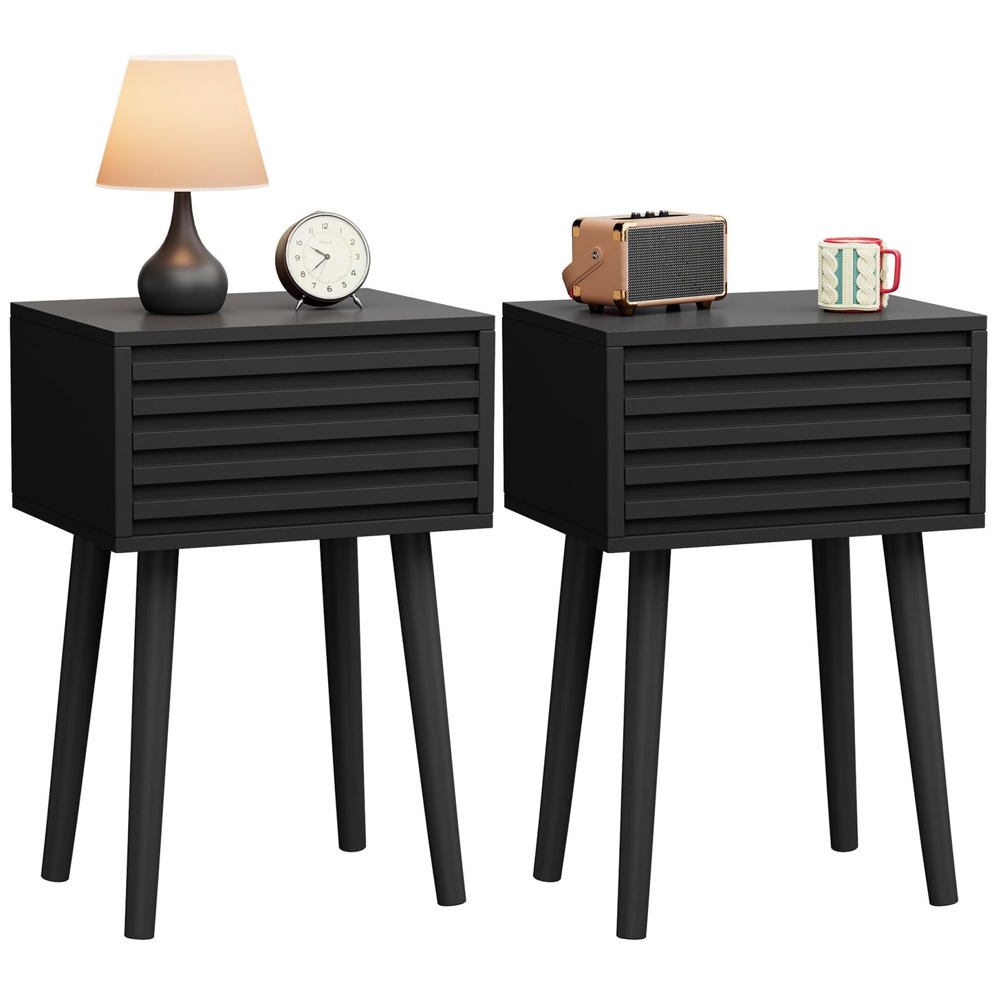 YMYNY Fluted Nightstand Set of 2, Small Bedside Table, Mid-Century Modern End Table, Push-to-Open Door, Solid Wood Legs, 35x27x53 cm, for Living Room