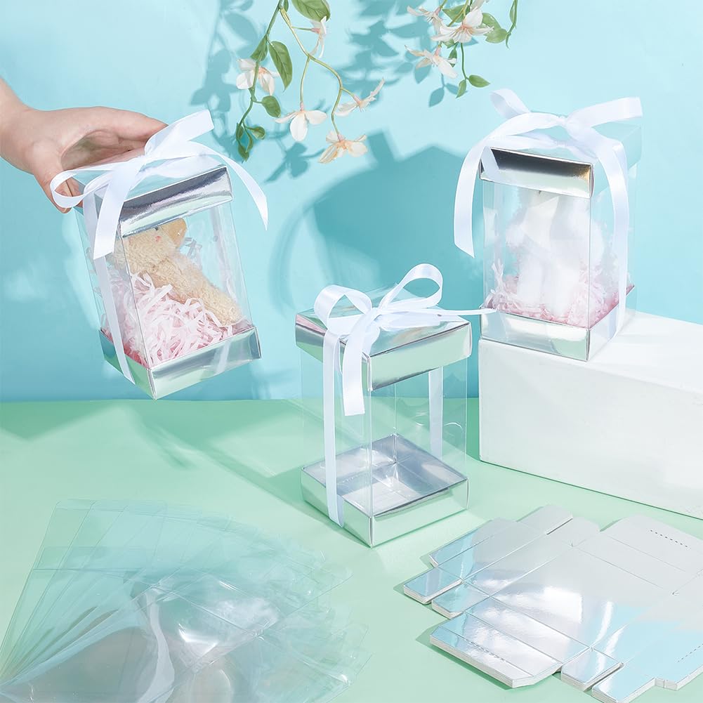 BENECREAT 10Pcs Clear Plastic Gift Box with Silver Paper Lid, Rectangle Gift Packaging Boxes with Polyester Ribbon for Birthdays