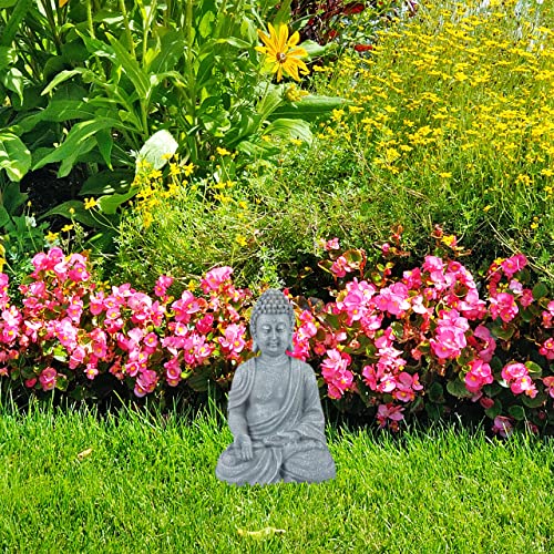 Relaxdays Buddha Ornament Sitting 30 cm high, Garden Decorative Figurine; Weatherproof, Frost-proof, Light Grey