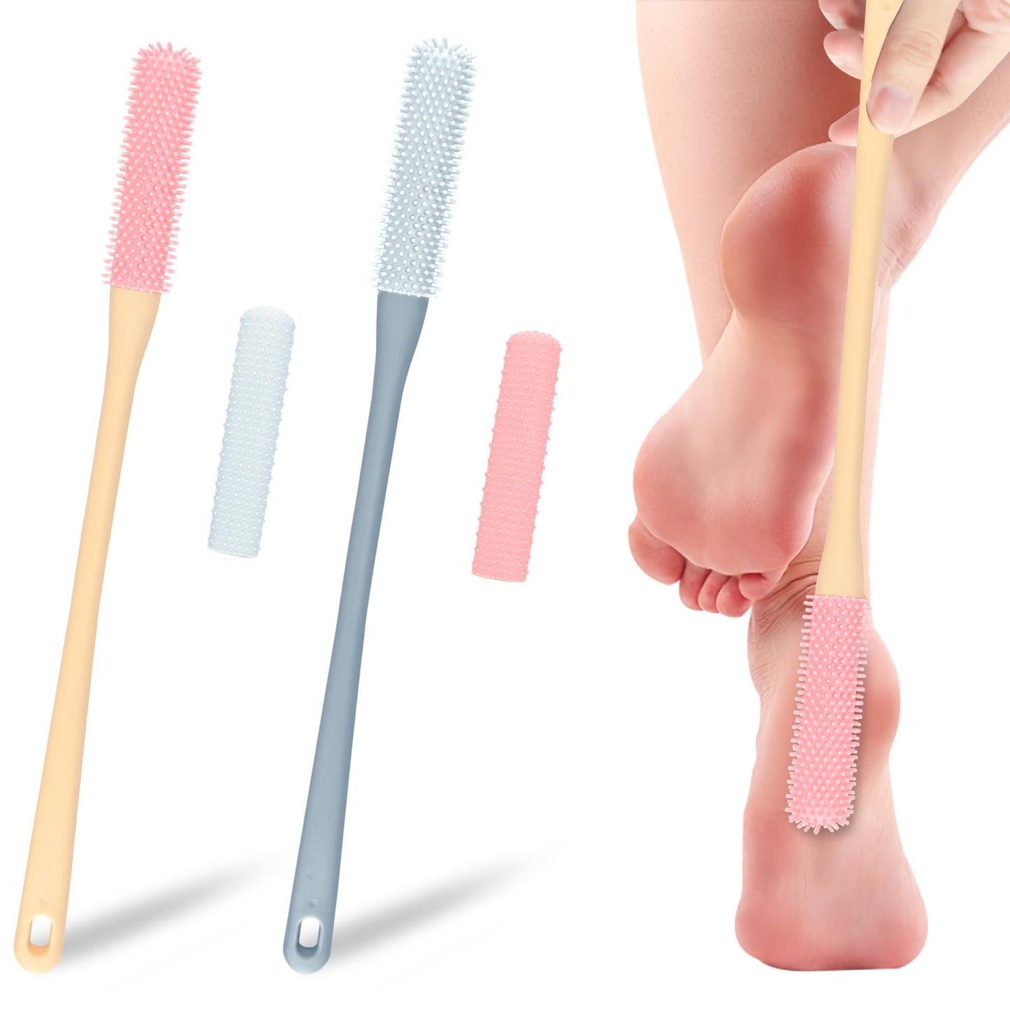 Huakaile 2 Pack Toe Cleaning Brush Set, Silicone Foot Scrubber in Shower with Replacement Head & Long Handle, Feet Cleaner for Gap Lotion Women Men