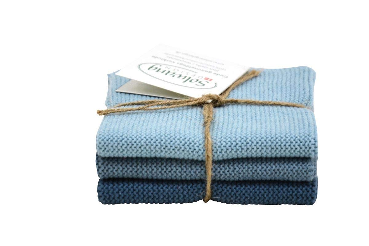 Solwang Set of 3 Wipes, Rustic Blue, Knitted, 100% ?ko-Tex Cotton, 25 x 25 cm, Stainless Steel Cleaning Cloth