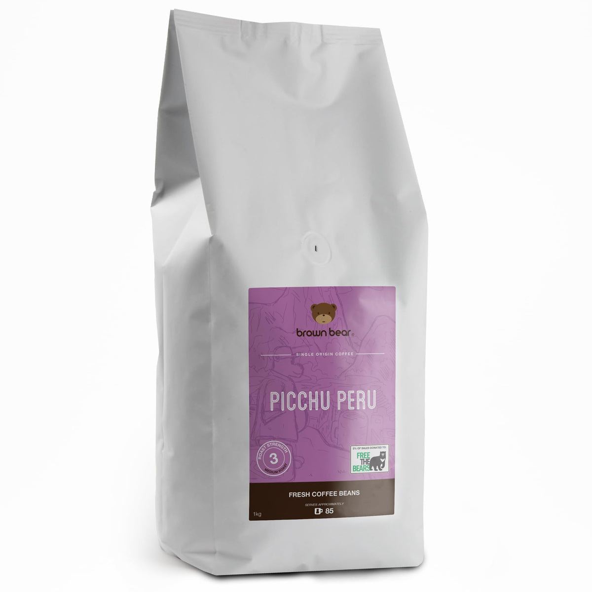 Picchu Peru Peruvian Medium Roast Coffee Beans 1kg - For All Machines - Strength 3 - Brown Bear Coffee - Donation to Free The Bears - 100% Arabica