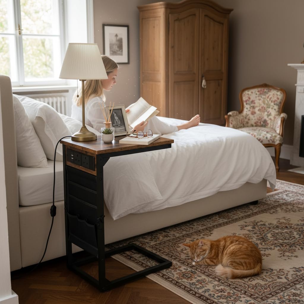 AMHANCIBLE C-Shaped Side Table, Side Table with Charging Station
