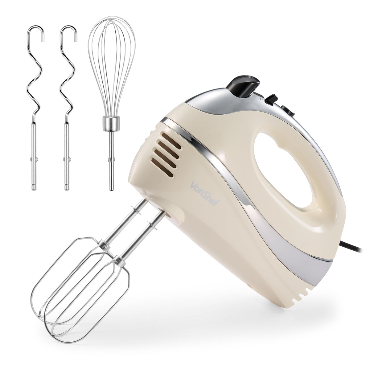 VonShef Hand Mixer Electric Whisk ? Food Mixer for Baking with 5 Speeds, 300W, 2 Stainless Steel Beaters, 2 Dough Hooks & Balloon Whisk, Easy Clean,