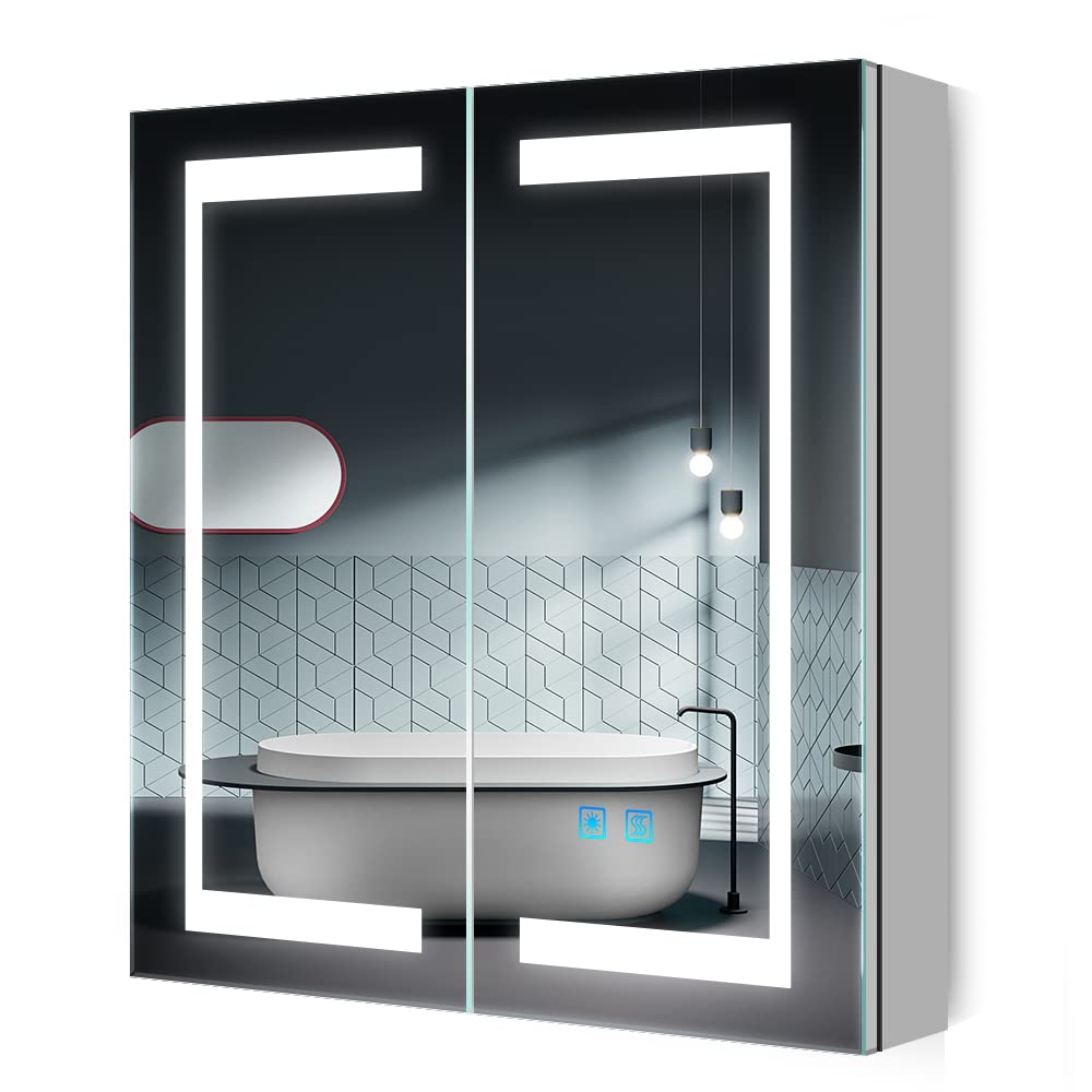 Quavikey?LED Bathroom Mirror Cabinet with Shaver Socket Bathroom Cabinet with Mirror and 3 Color Changing Dimmable Light Removeable Shelf and Built-in