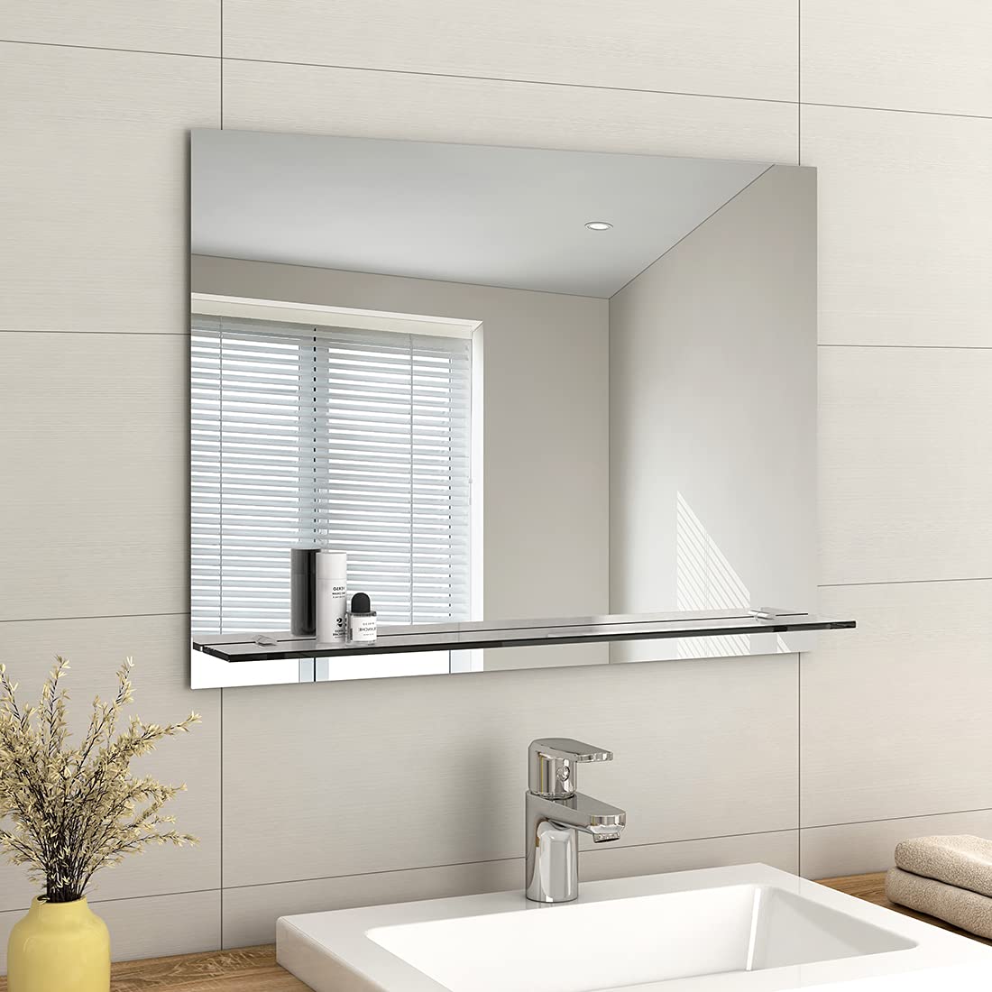EMKE Frameless Mirror with Shelf - Small Bathroom Wall Shaving Mirror with Storage, Rectangle Vanity Mirrors 80x60cm