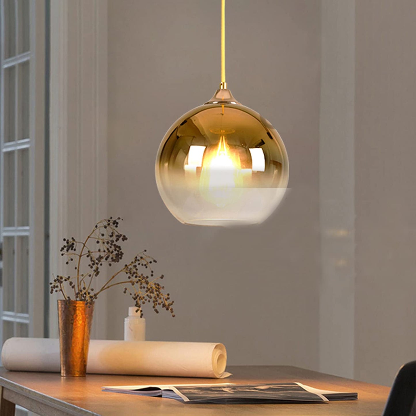 MZStech Spherical Gradient Color Glass Pendant Light Modern Glass Globe Lamp Chandelier Hanging Light (Gold, 25cm)