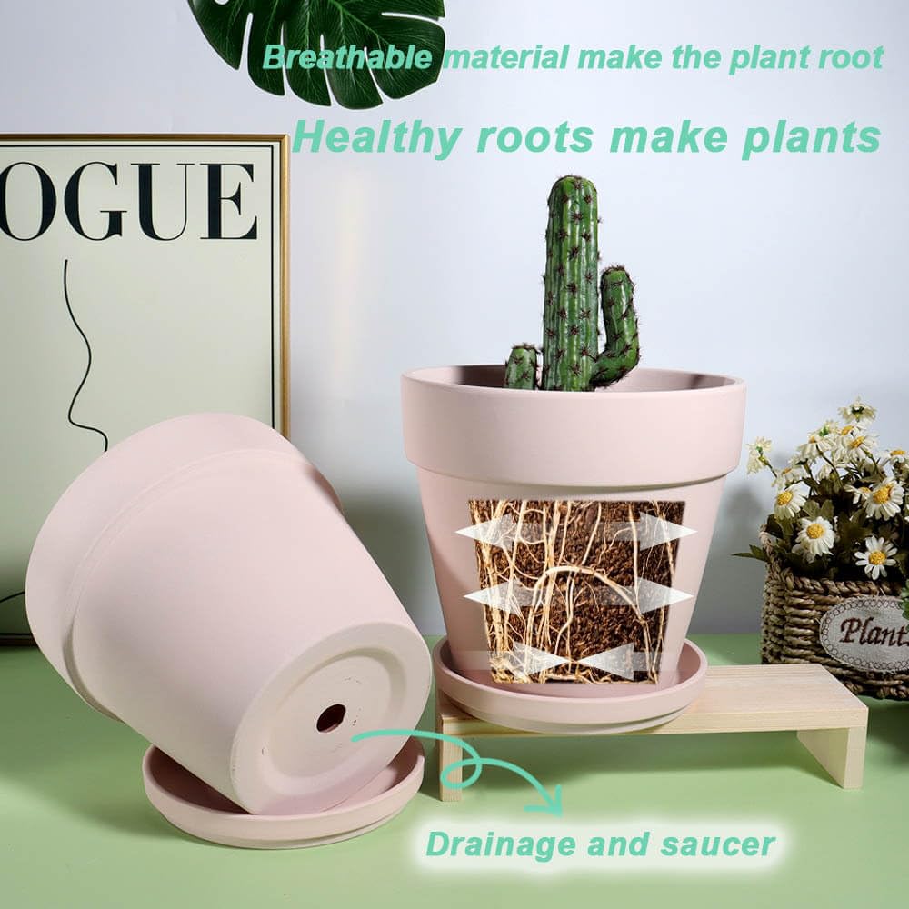 vensovo 15CM Pink Terracotta & Clay Pots for Plant with Saucer - 4 Pack Medium Terra Cotta Planter with Drainage Hole, Flowerpot for Indoor Outdoor