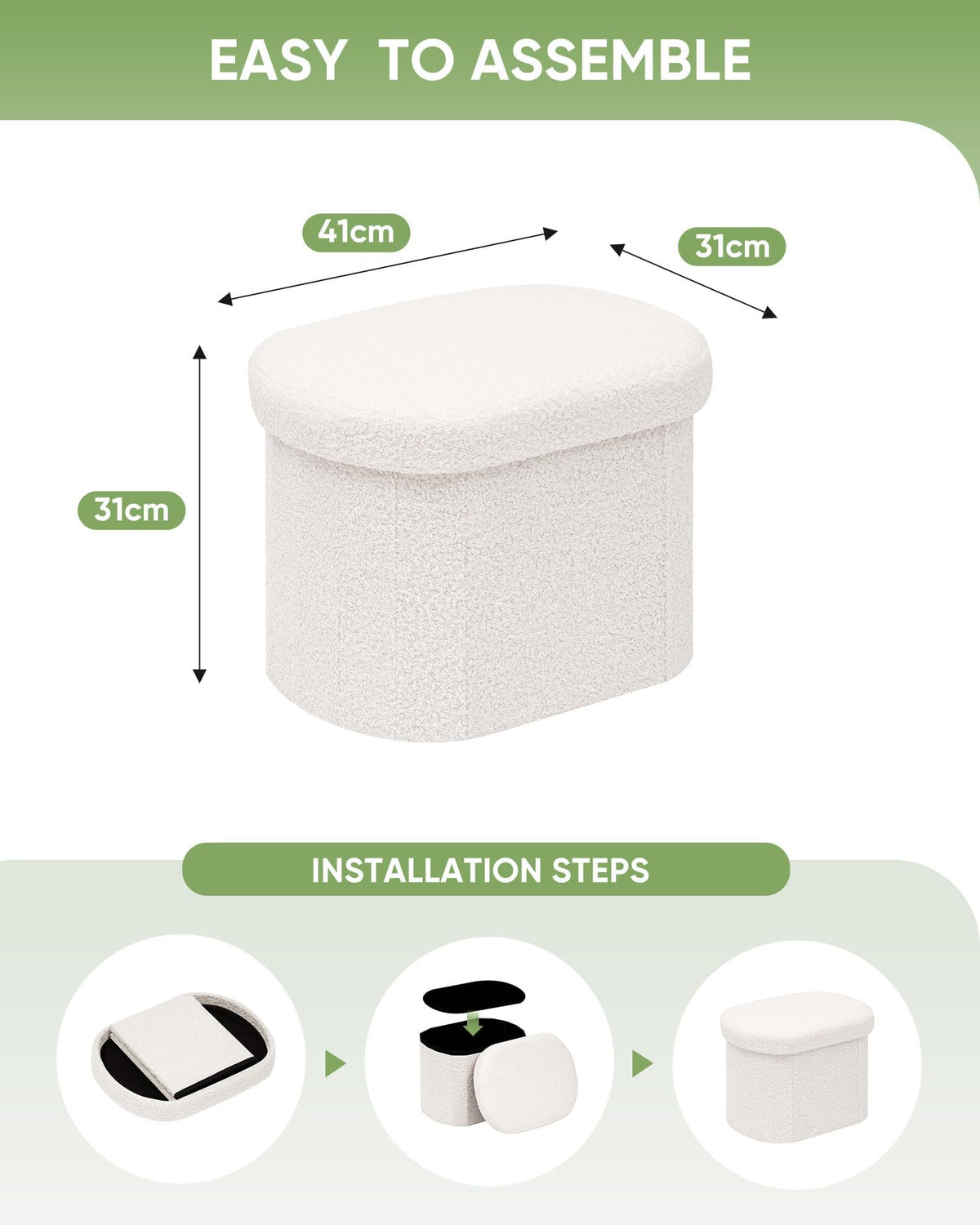 Bonlife Small Ottoman Storage Stool, Folding Boucle Footstool with Lid,41cm