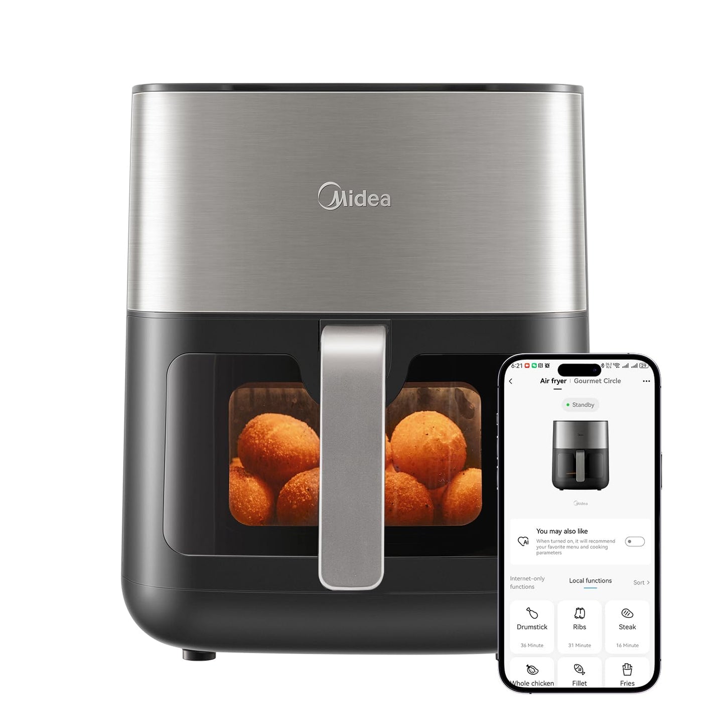 Mdiea 6L Air Fryer with Upper and Lower Double Tube Heating, LED Display