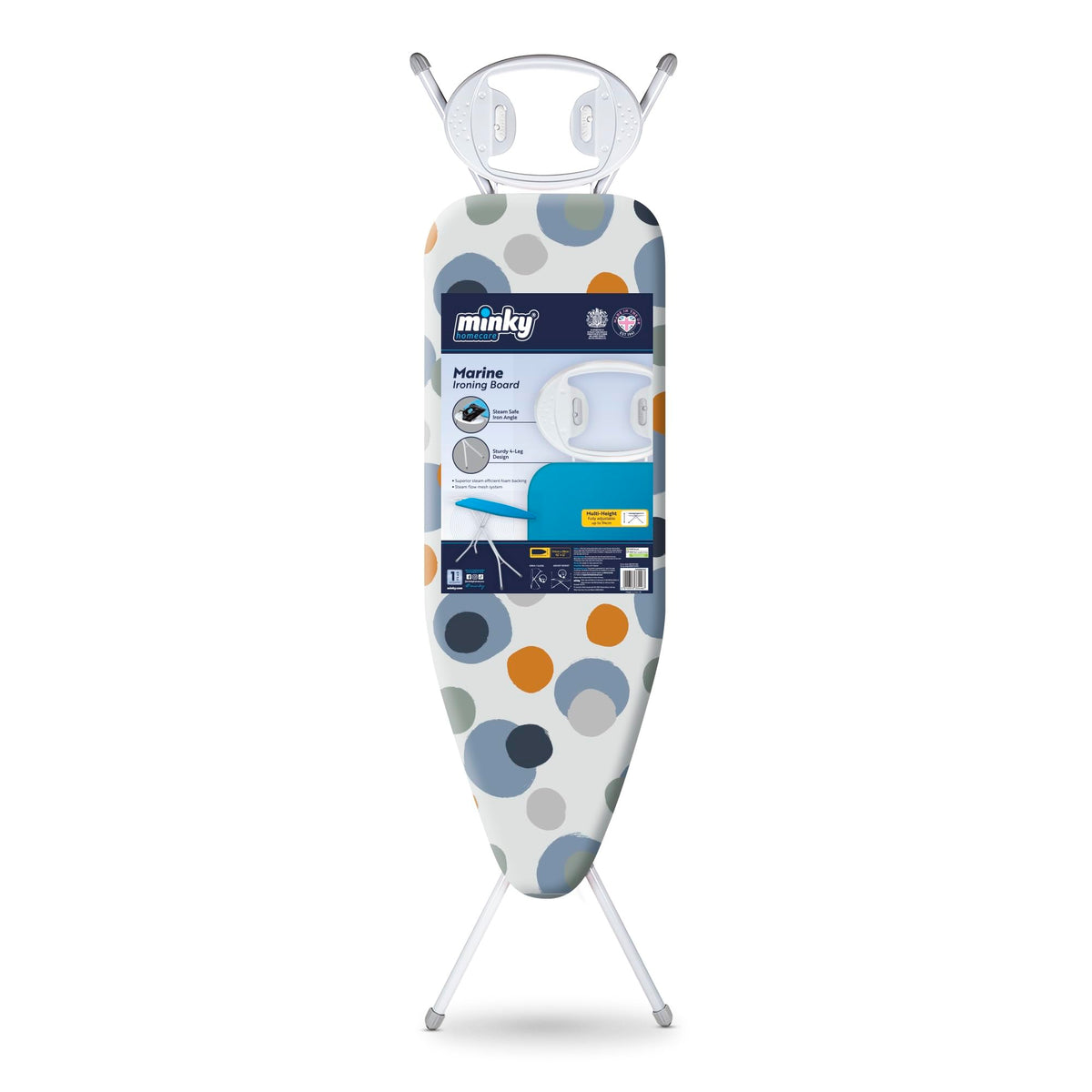Minky Marine Ironing Board with 114 x 38cm Ironing Surface, Angled Iron Rest, Iron Board with Adjustable Height up to 94cm & Non-Slip Feet, Foldable,