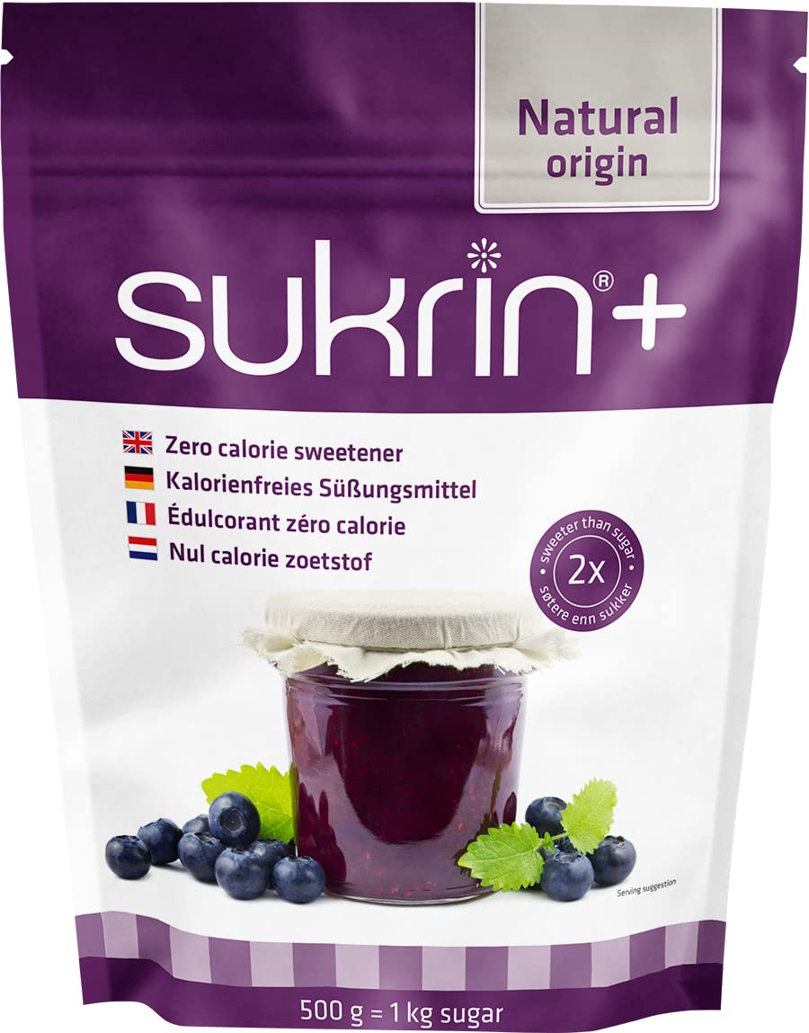 Sukrin Plus - All Natural Granulated Sugar Substitute with Erythritol and Stevia, Twice as Sweet as Sugar, Zero Calorie, Zero GI Sweetener for Keto